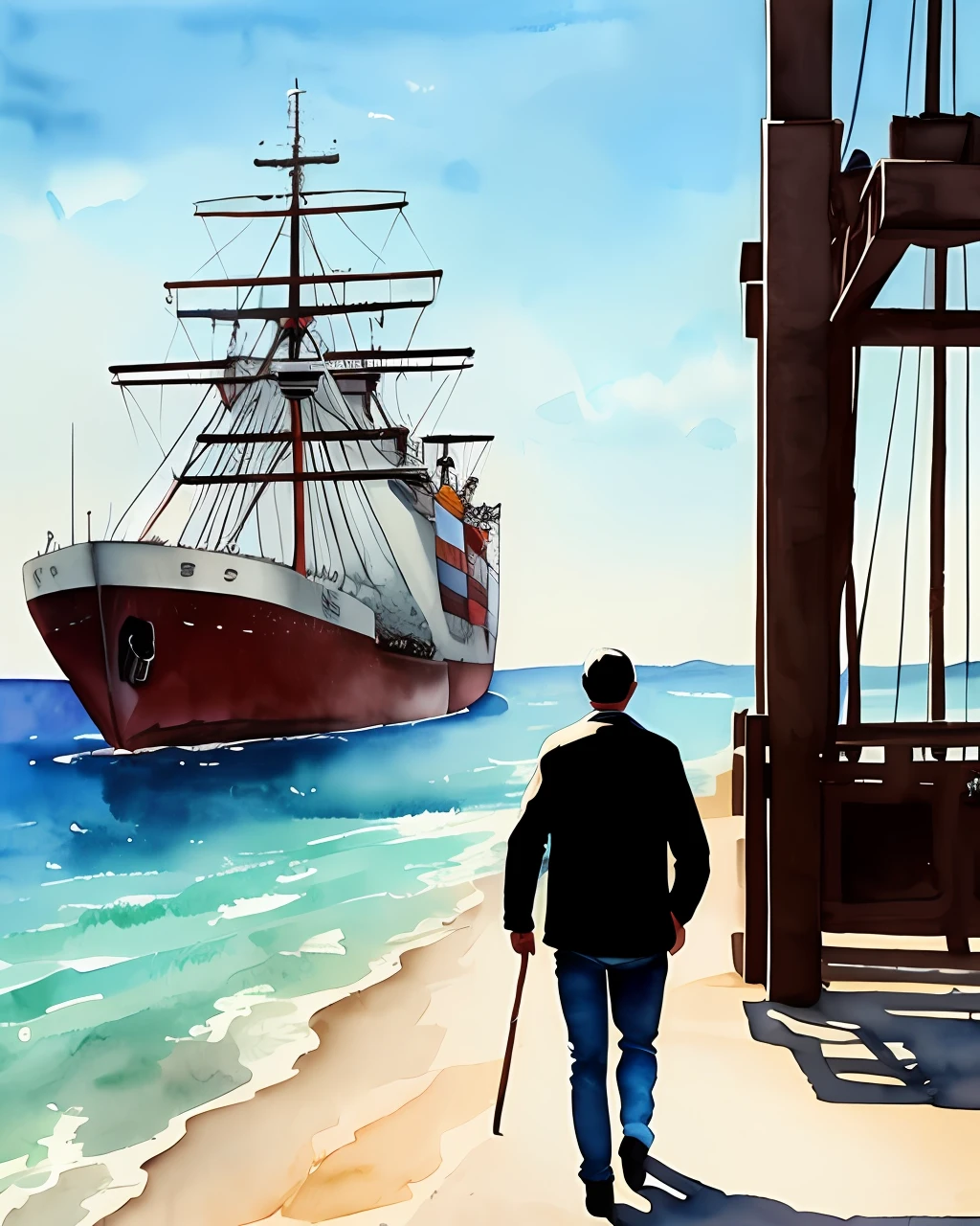 Watercolor intura with traces of a man walking toward a ship on the water, Artistic illustration, arte detalhada em aquarela, Watercolor illustration, Aquarela intensa, aquarela rico, Watercolor ink illustration, Navios, pintura detalhada em aquarela, dramatic art, Aquarela detalhada --auto