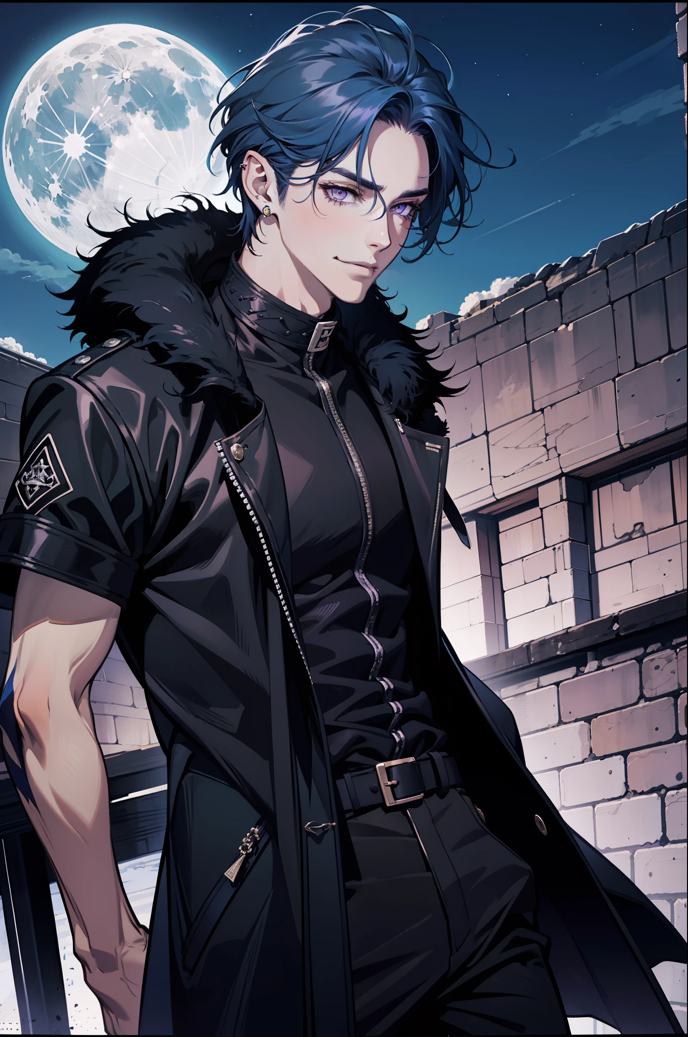 (absurdres, highres, ultra detailed), 1man, 30 years old man, adult man, handsome, tall, finely detailed eyes and detailed face, leather pants, (((black clothes))), night, smile, dutch angle, ((short hair, blue hair)), moon, silver details, gothic, incubus, simple clothes, looking at the view, pale skin, purple detailed eyes, (masculine), (((long bangs))), detailed hands, (((purple eyes))), (bad boy), (muscles), smirk, defined muscles, braid, ((angular face, masculine face)), elf ears, piercings in ears, ((black furr coat)), attractive man