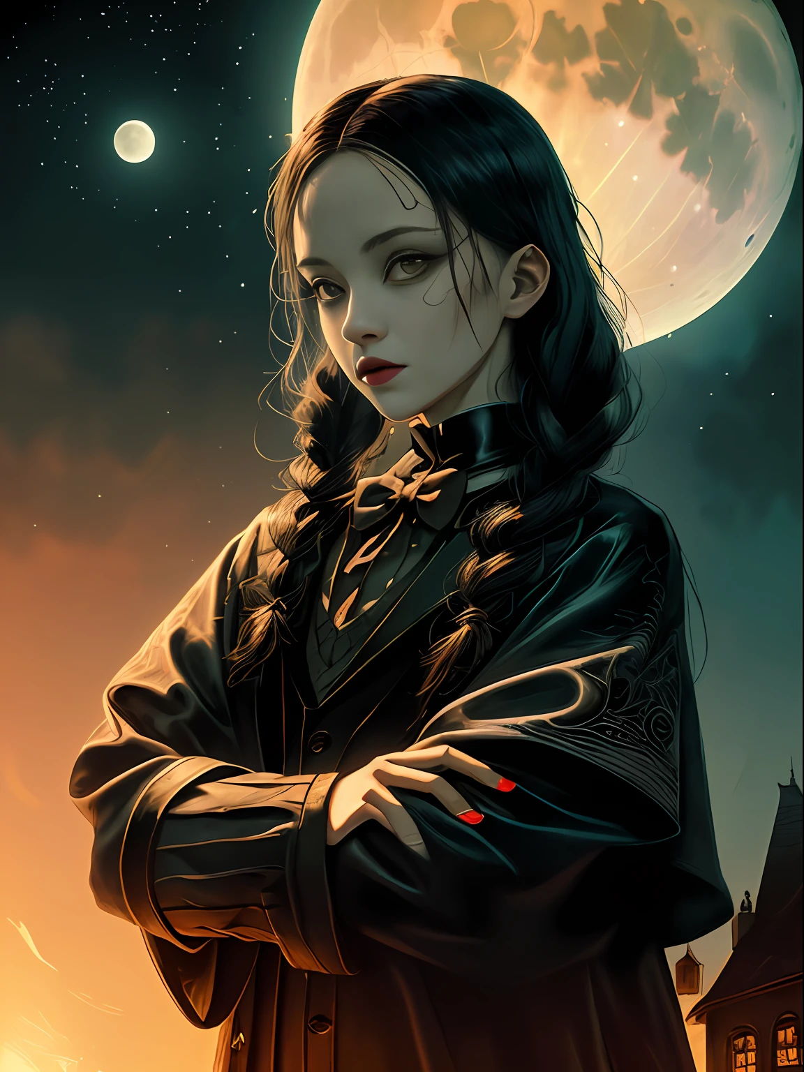 ((masterpiece, best quality; 1.3)), ultra detailed, 8k unit wallpapers, CG, illustration, colorful, cinematic shadow, extremely detailed and beautiful background, vhd, VRay shading, RTX, (realistic: 1.5), (solo), Addams Wednesday, full moon night, addams family home background, warm and soft luminosity