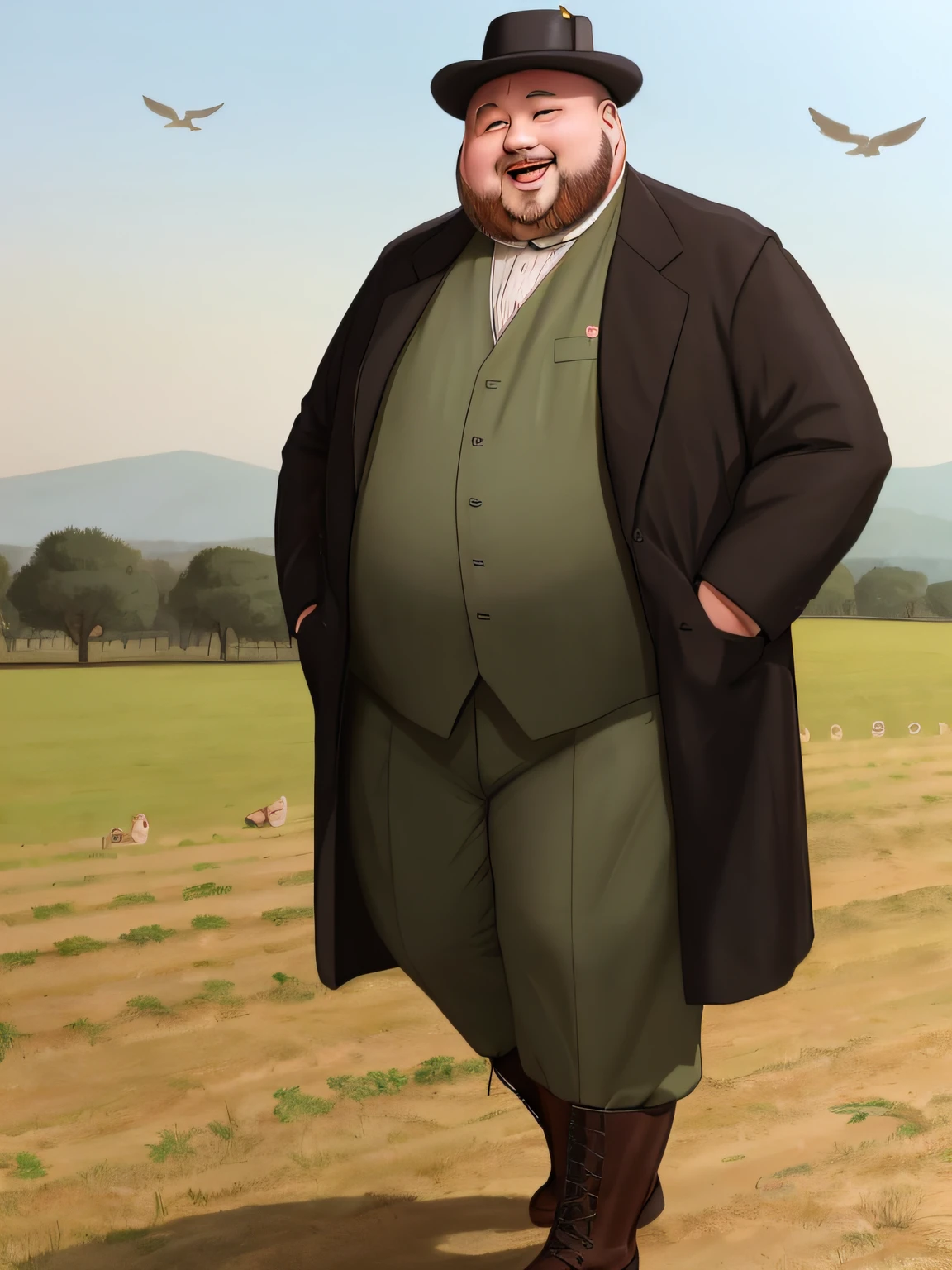 photore:Fat man in boots，Pulling seedlings to help grow，Despite being fat to the point of difficulty walking，Still maintains a happy expression。He wears an old-fashioned hat，Put your hands in your pockets。The background is a picturesque field，There are several flying birds in the sky。