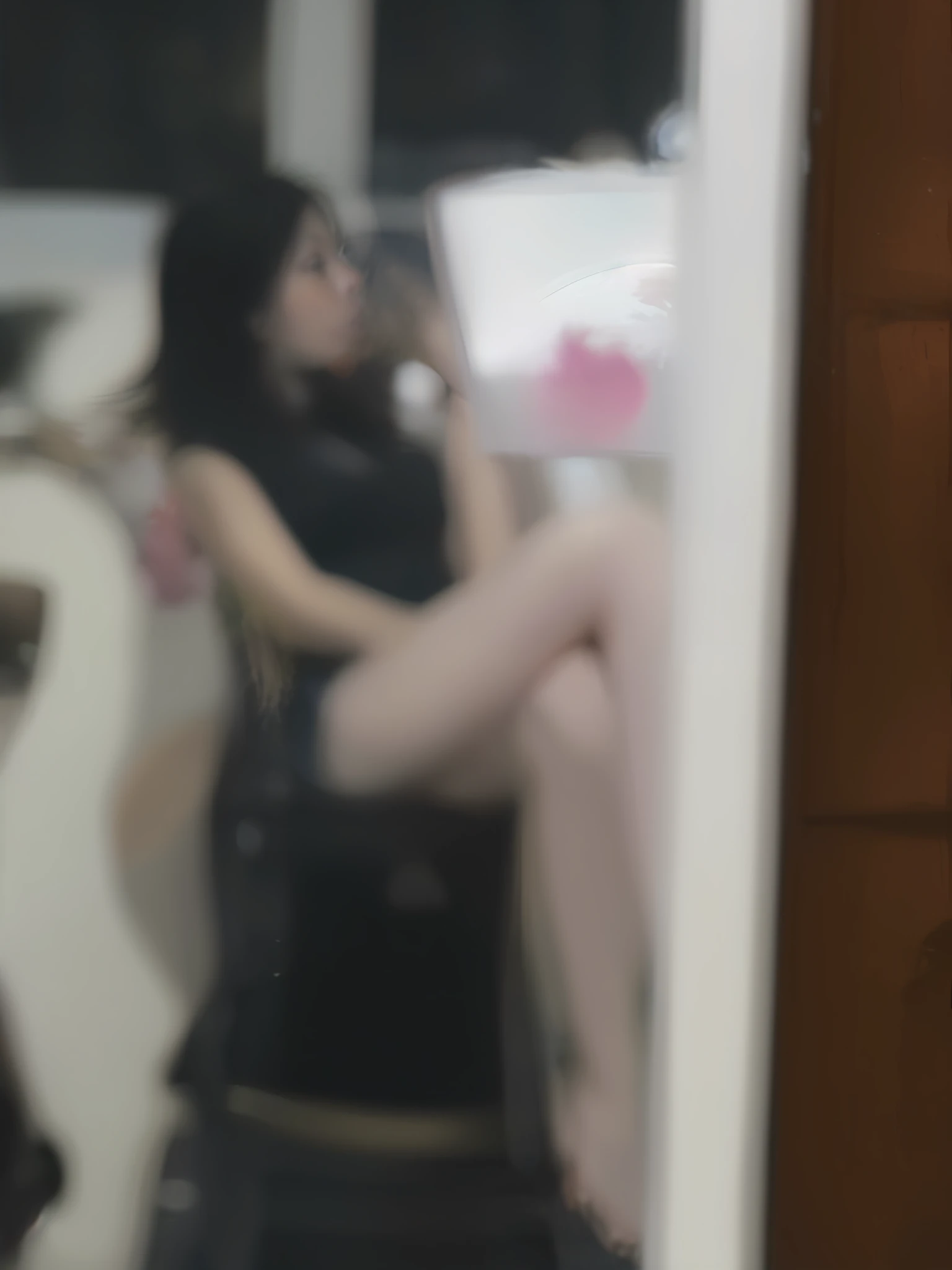 There was a woman sitting in a chair in front of the mirror, Intoxicating, Very, very high quality pictures, Zoom-out shot, Mirror selfie, view from behind mirror, face obscured, Soft some magnified lenses, leaked photo