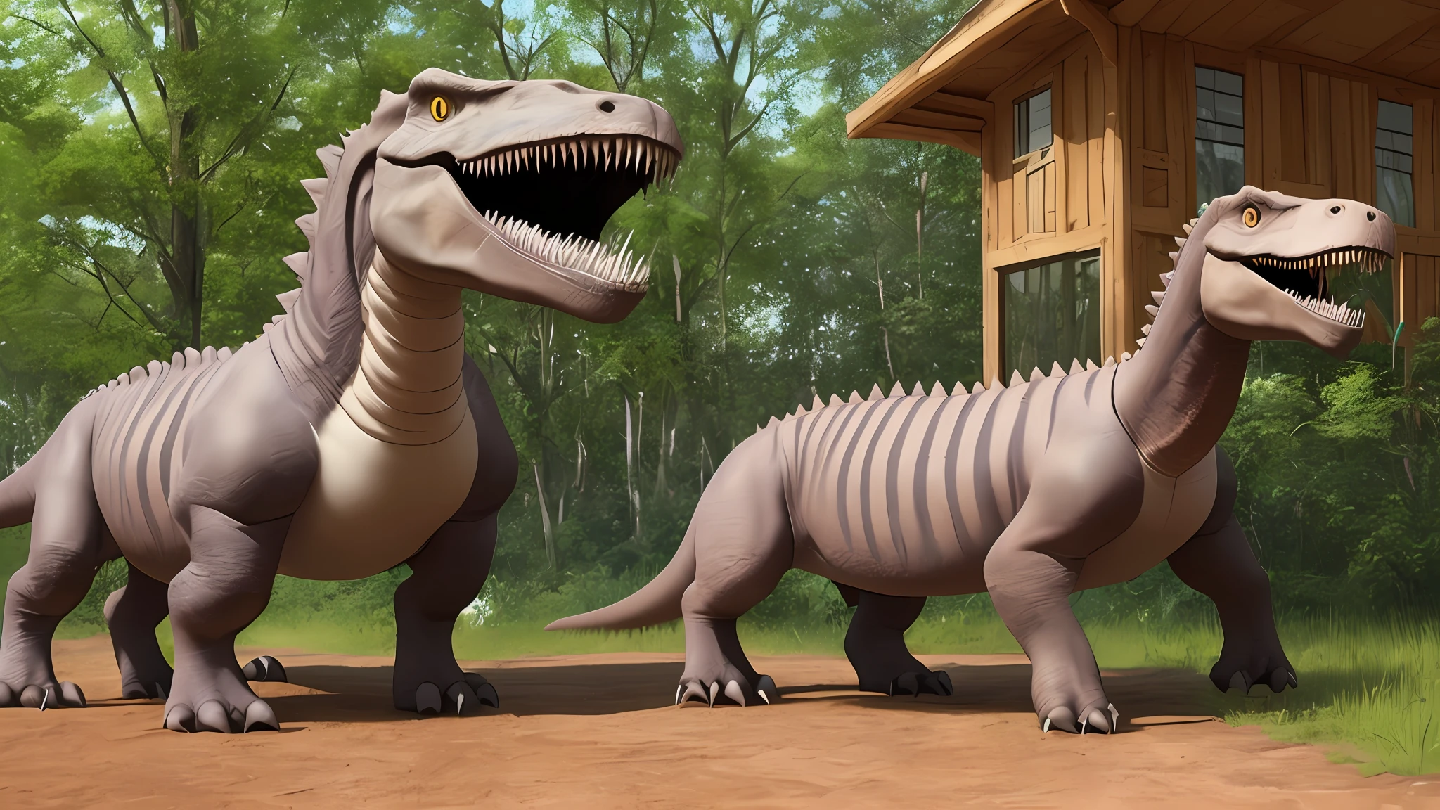 A dinosaur stampedes on a small dinosaur with its huge feet