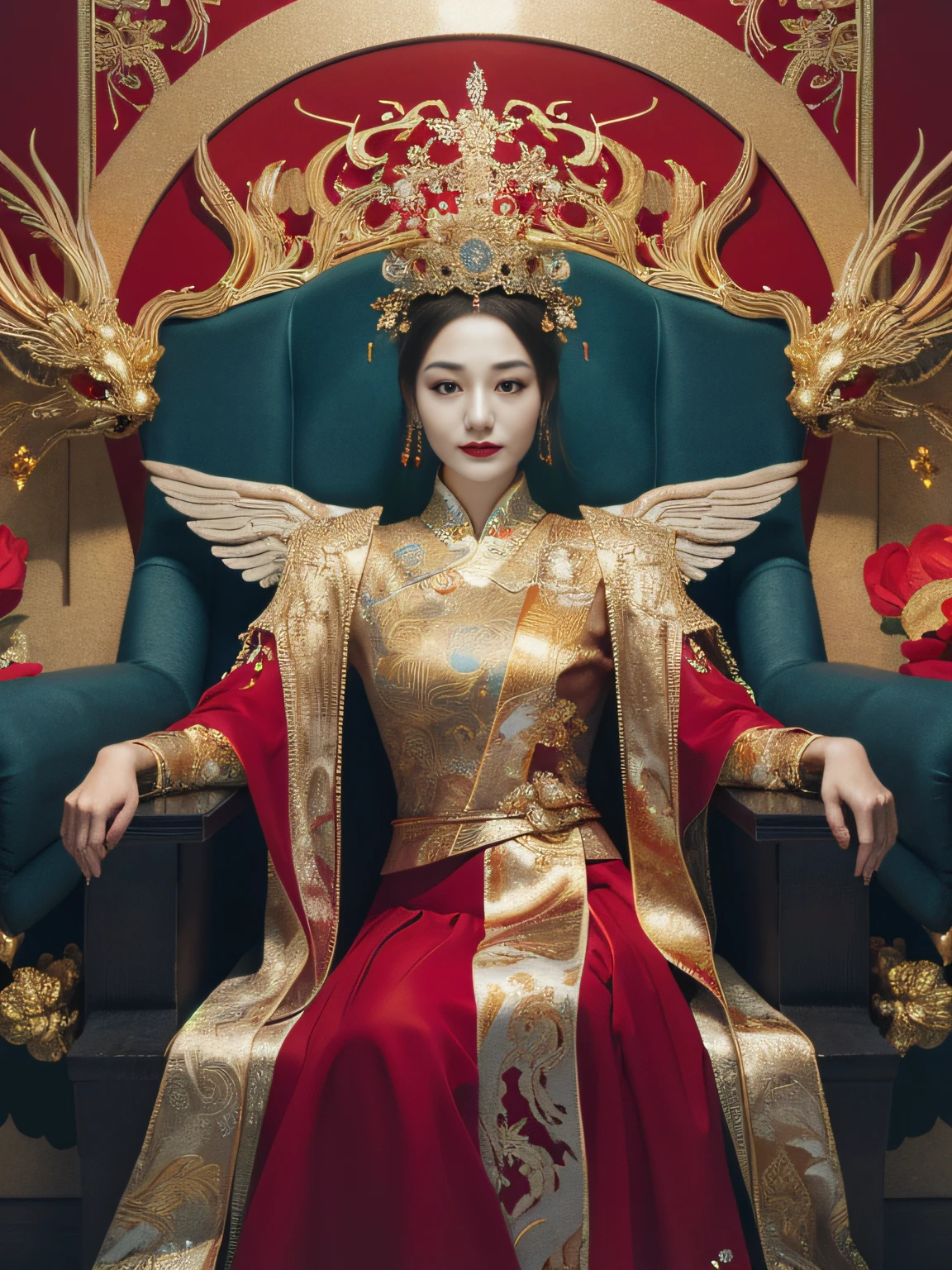 A Chinese queen sitting on a throne, a throne encrusted with precious stones, surrounded by Chinese phoenix beasts, gold and ruby color, unique monster illustration, dau al set, high resolution, A painting, dense composition, playful repetition, Pedras preciosas, crystals, gold, Detailed paintings, unique monster illustration, Super fine details, Realistic, Super high resolution, complex, Super detail, cinmatic lighting，(Red and gold dress:1.3)