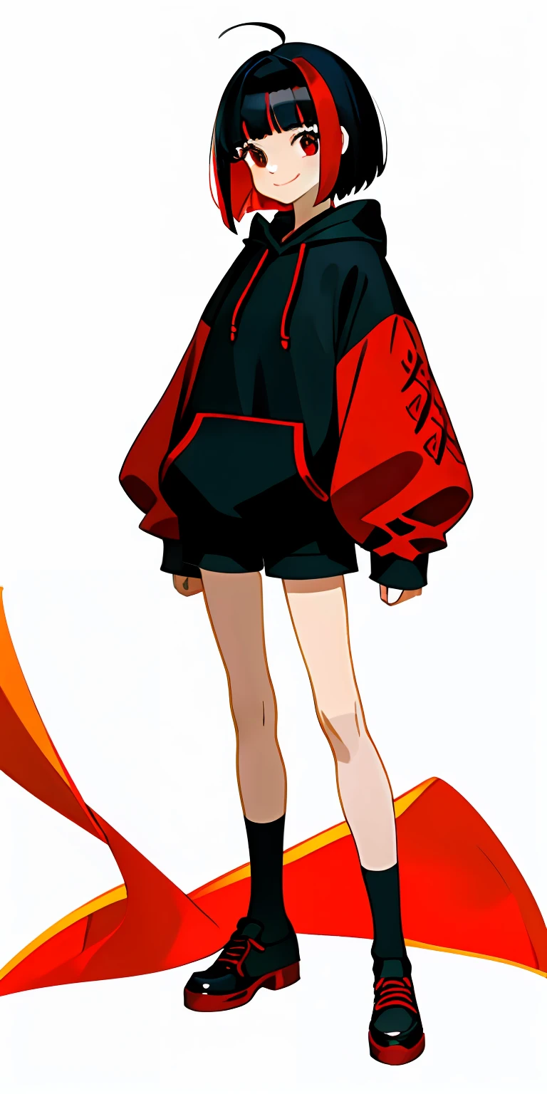 Full body, in white background, front view, fullbody, 1girl, smile, simple background, cute, solo, masterpiece, arms at sides, standing, virtual youtuber, concept art, view front, complex cloth, full length, hot pants, hoodie, black hair, red hair, teenager, room wear, short hair, simple hair style, black hot pants, black and red shoes