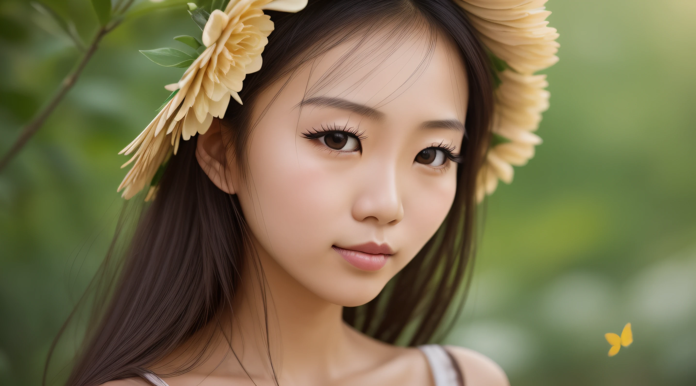 1 Asian girl,A flowing sun dress,Floral headdress,Delicate makeup,(eyes with brightness,smooth skin textures,Gentle facial expressions),Primetime lights,Peaceful garden setting,Butterflies or petals,depth of fields,Warm color palette,Whimsical vibe,A high resolution,soft focus。 Portrait Photogram, 35mm film, natural blurry, cinematic ligh