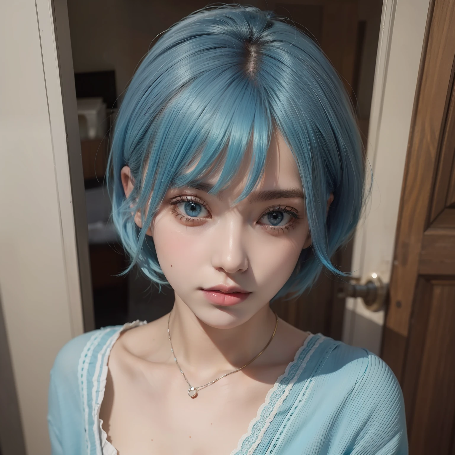 light blue hair, colored inner hair, short hair, orange eyes, first-person view, masterpiece