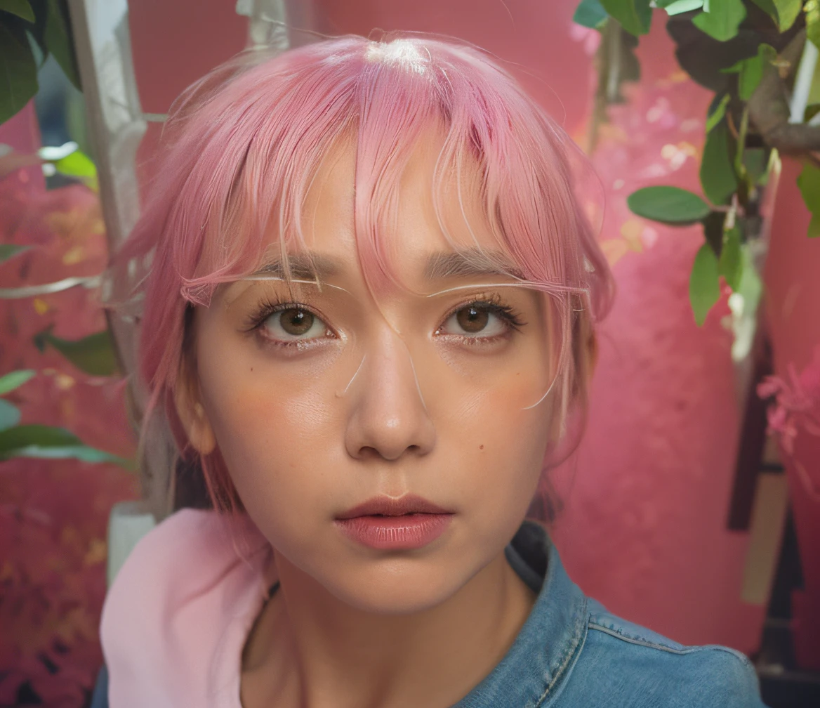 (highly detailed body, highly detailed face, best quality:1.2) ,A Woman, look at viewer, (Pink bra, Jeans), (Pink bougainvillea mess in background:1.4)