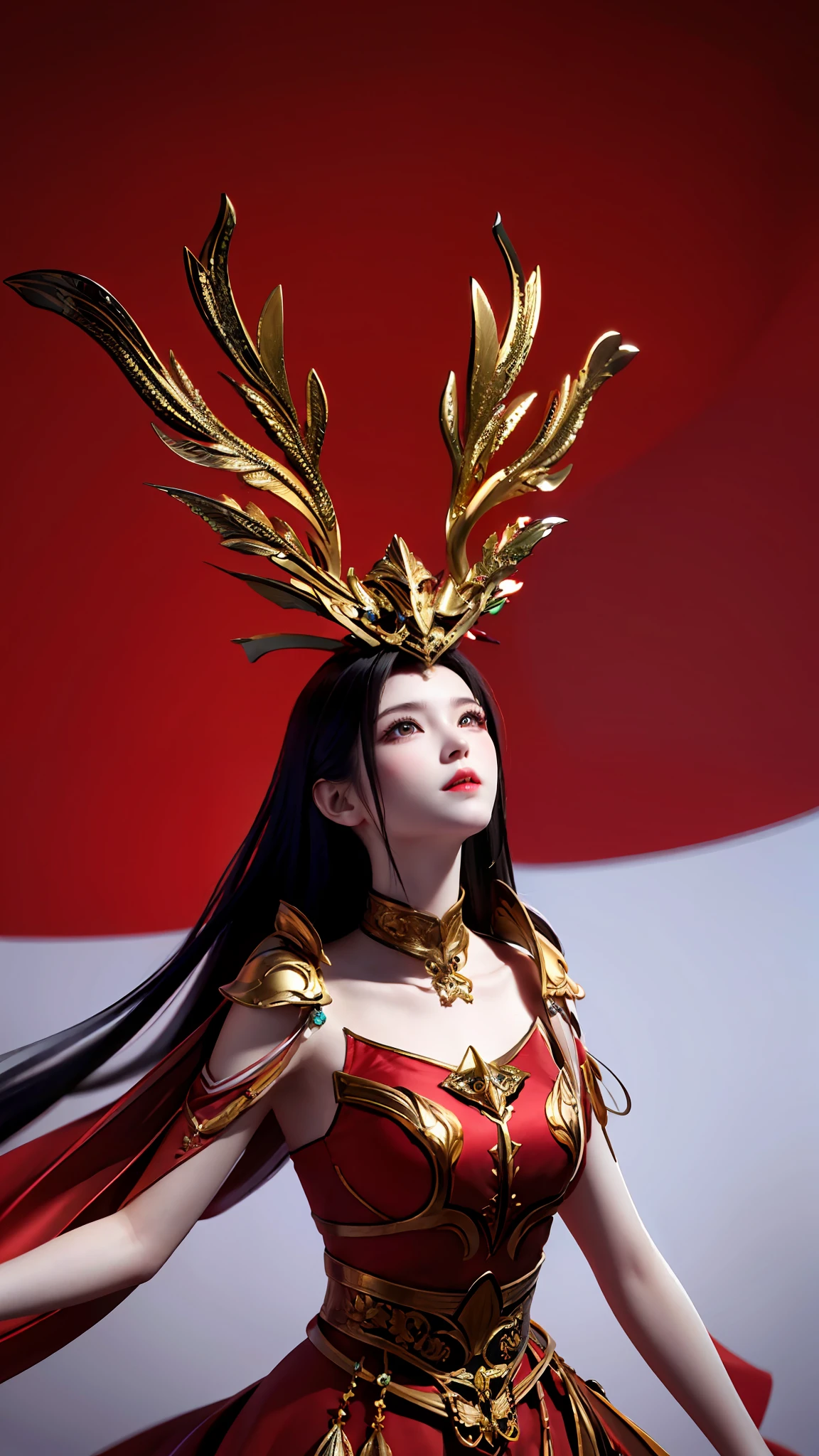 Excellent, masterpiece, black hair, red dress, looking up, upper body, hair, fair skin, emanation, red theme, skirt