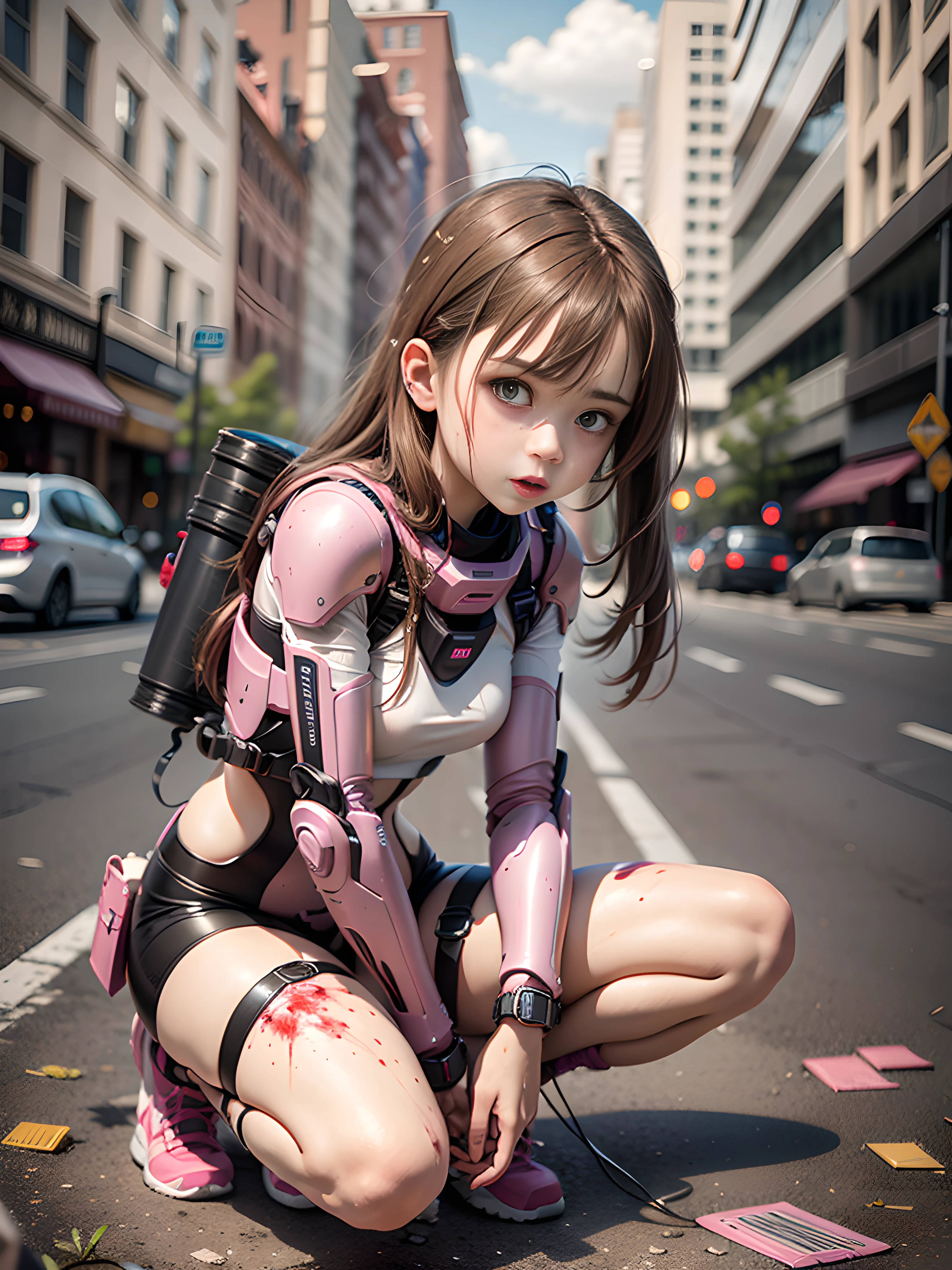 Slim limbs,((Brown hair long)),Little loli in pink high-tech exoskeleton,squatting on the ground,In the city,((Defeated)),An expression full of regret,((Full body like)),(((Rivers of blood flow)))