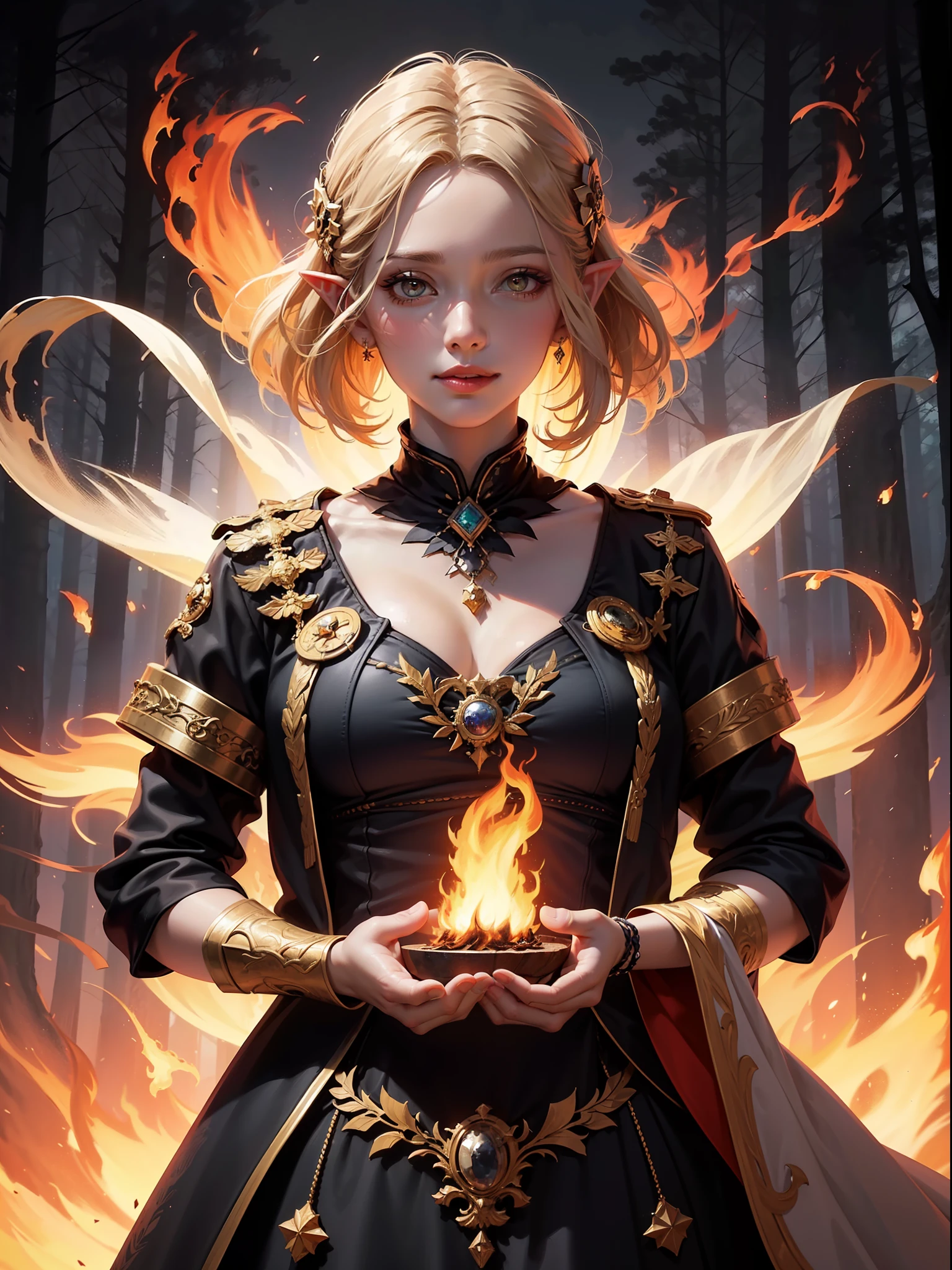 official art, unity 8k wallpaper, masterpiece, best quality, hair is turning into fire, hair is on fire, Fantasy, (light rayer:1.05), orange light particles, scenery, fire, Beautiful and detailed explosion, beautiful detailed glow, Flames burning around, Flames burning around, Fire feathers, burning, (burning forest:1.34), (bare trees:1.05), ashes, (red sun:1.05), (flame swirling around the character:1.1), solo, crazy_smile, (detailed:1.05), high resolution illustration, lustrous skin, colorful, (ultra-detailed:1.1), (illustration:1.05), (detailed light:1.05), (an extremely delicate and beautiful:1.1),alluring elf princess, depth of field, white_long_hair, orange_eyes, eyelashs, dark eyelashes, eyeliner, soft glowing eyes,