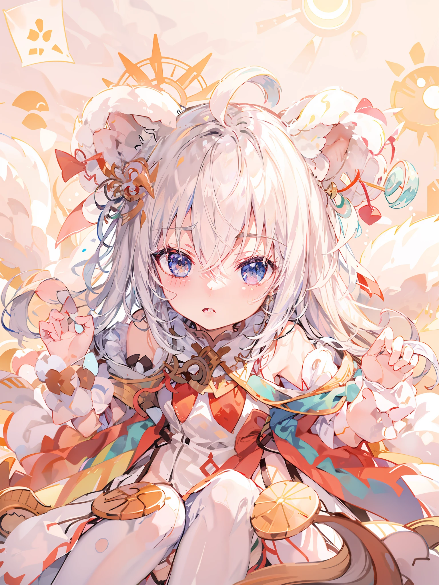Anime - Style drawing of a girl with a red knot on her ears, small curvaceous loli, Soft anime illustration, Splash art anime Loli, Loli, Gray hair, lovely art style, offcial art, small loli girl, Anime moe art style, Ribbons, zerochan art, and the sun was shining brightly,Light and shadow in detail,Round and large furry ears,One small foot wears white socks,There is a fluffy squirrel tail,There are two long braids,The upper part of the body,Long flowing hair,Slim jade hands,Ambilight