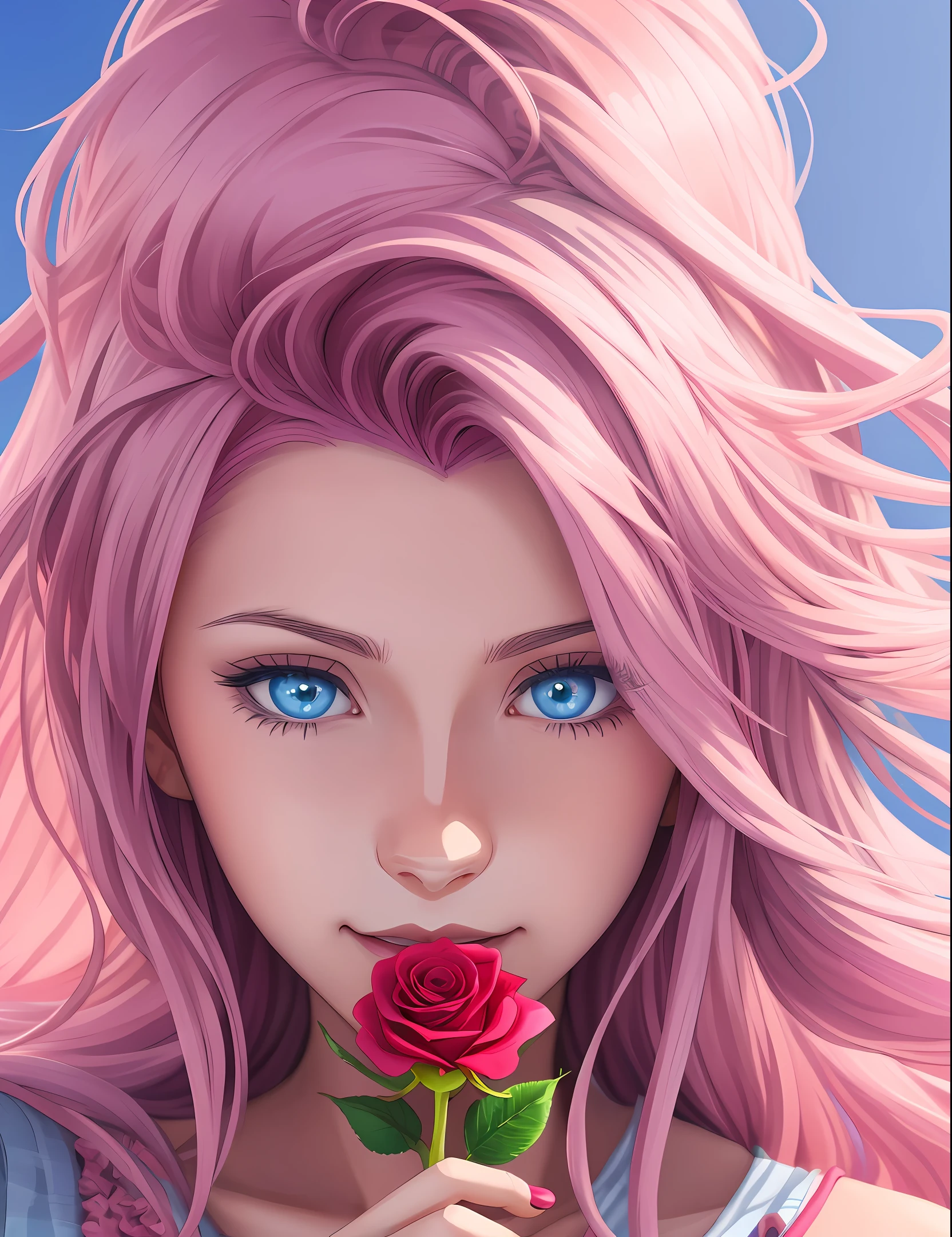 anime girl with blue eyes and pink hair holding a rose, anime digital art, stunning anime face portrait, beautiful anime face, beautiful anime portrait, anime art wallpaper 4k, anime art wallpaper 4 k, beautiful fantasy anime, beautiful anime girl, digital...