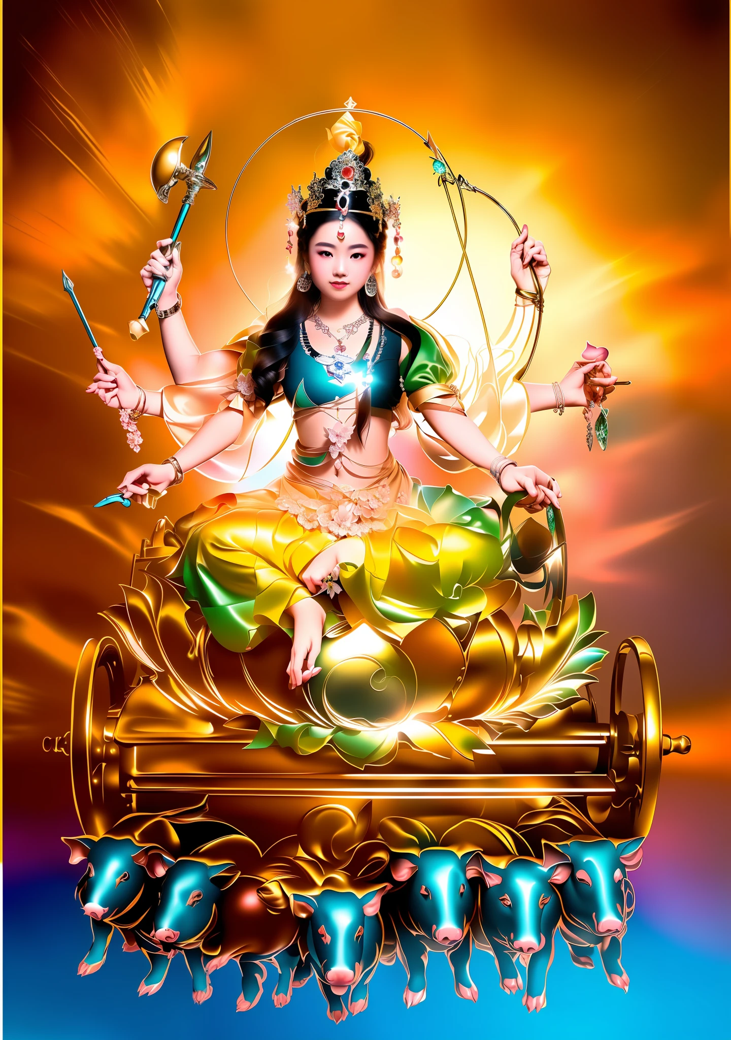 tmasterpiece，Ultra-clear resolution，Beautiful fairy sitting on a lotus on a cart，A total of six hands hold various magic weapons，The goddess has fair skin，detailed skin textures，Light blue dress，There were seven piglets pulling the cart in front of the car，The background is blue sky，Clean and flat，The sky has a round light，The photographic light is uniform and bright，profesional photo，8k wallpaper，High-density imaging，