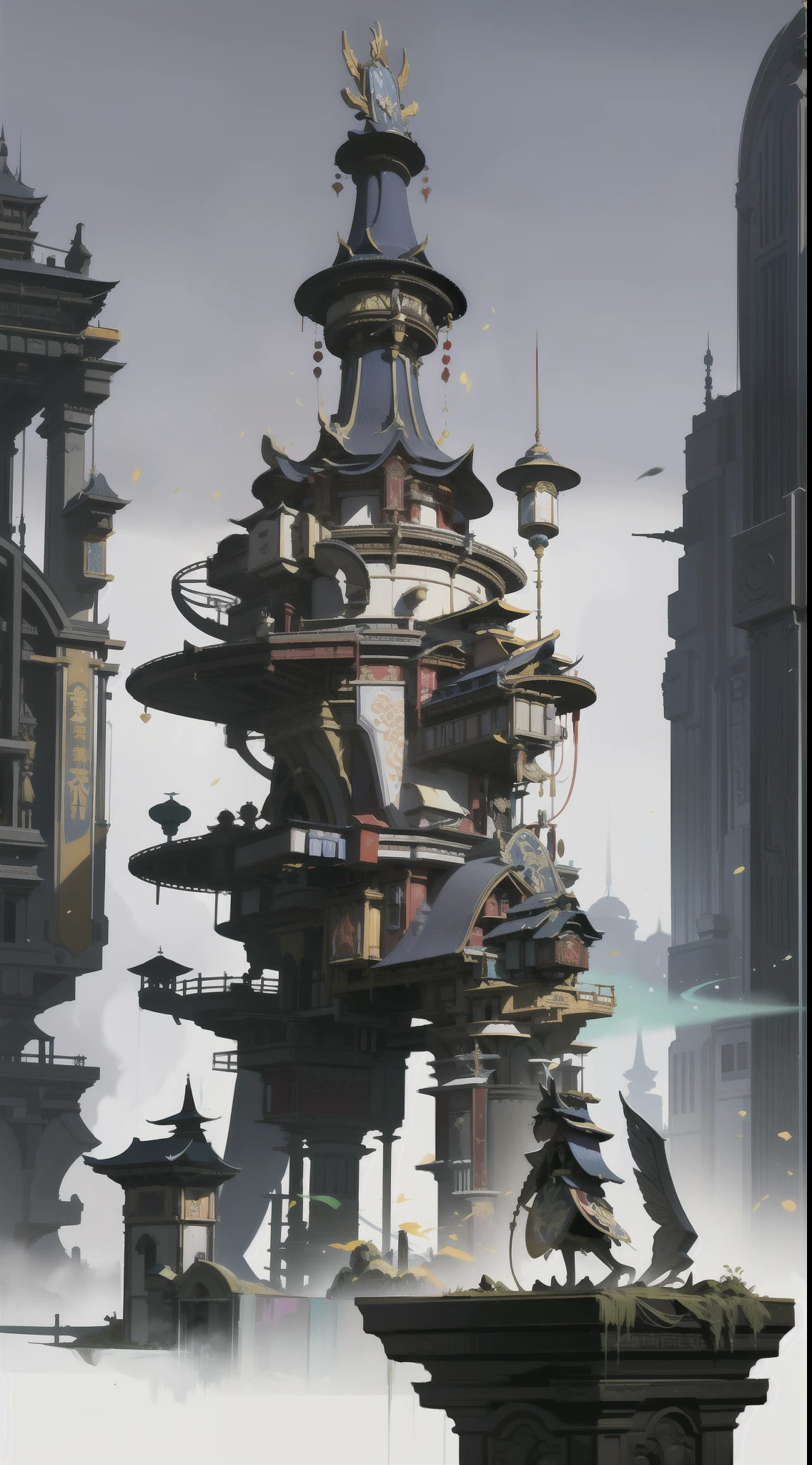 (Future science fiction,neonlight,cyber punk perssonage,Hologram aura、particle fx),Game Academy,Ethno-style architecture,Ancient Chinese,Xianxia,Night,Structurally sound、High-definition details,perfect works,White background,(tmasterpiece,top-quality,best qualtiy,offcial art,Beauty and aesthetics:1.2),(8K,best qualtiy,tmasterpiece:1.2)