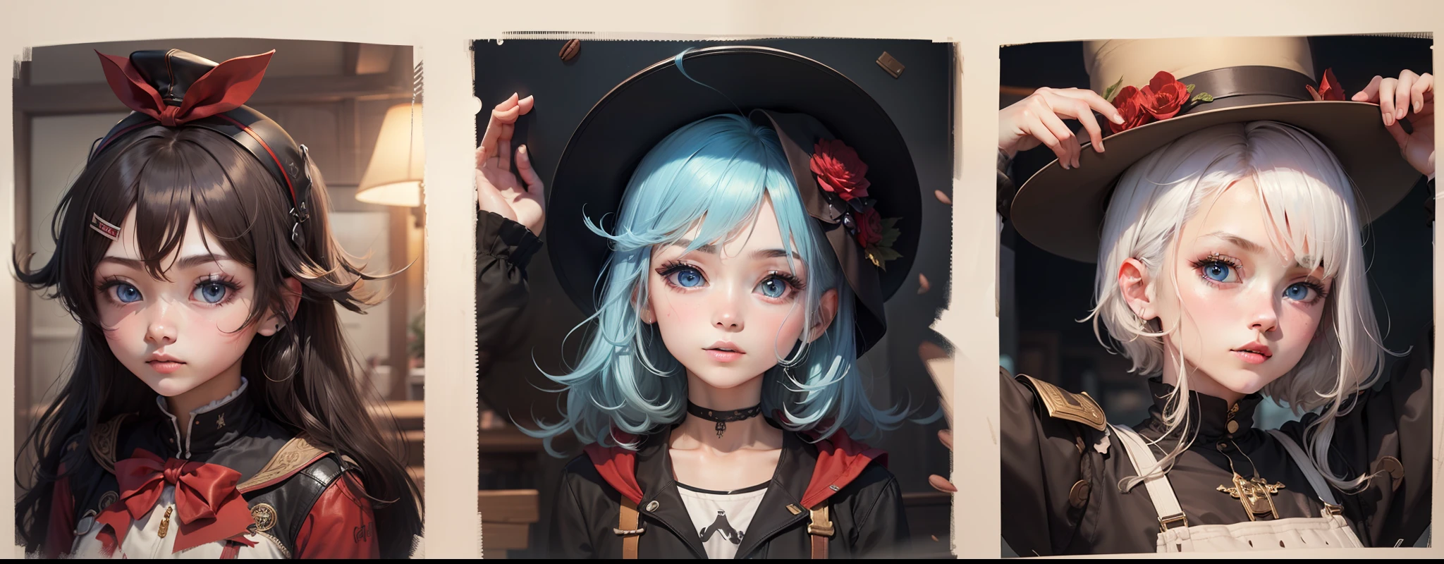 The one on the left is a girl with long hair, her hair is coffee, her eyes are light coffee, and the decorations on her head are red, and her clothes are red、In the middle is a boy with short hair, his hair is dark blue, his eyes are light blue, and his clothes are blue and white hair、The one on the right is a girl with short hair, her hair is light coffee, her eyes are light green, the hat on her head is purple, and her clothes are also purple