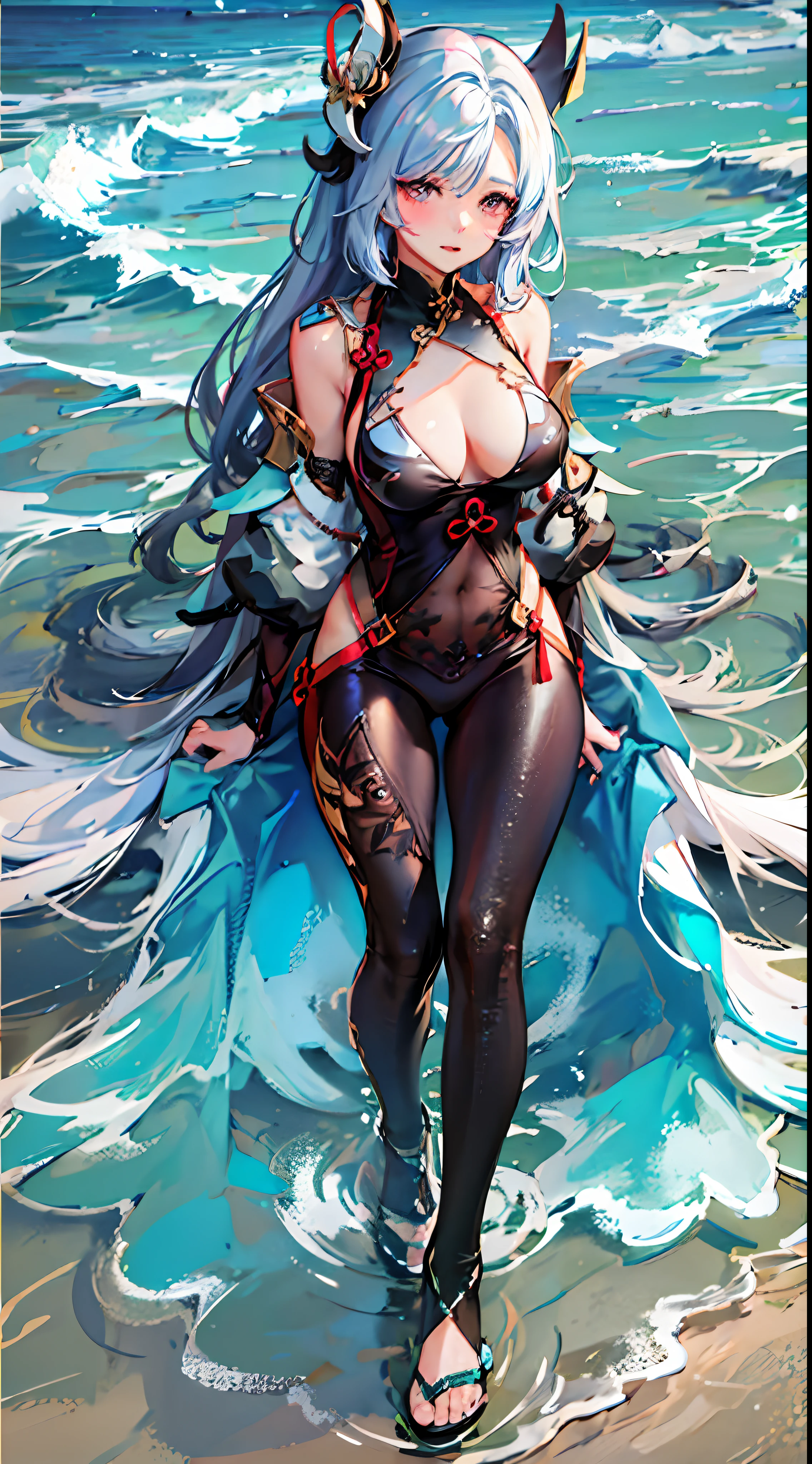 shenhe \(Genshin Impact\) 1girll,animemanga girl,Has light blue hair,Sword in hand, White-haired god, detailed anime art, Detailed anime artwork,Full body entrusted girl blush, Transparent swimsuit,Breasts, Chinese knot, ((Masterpiece)) Swimwear, Sexy swimwear, Seaside, beach, Ocean lift beach resort swimwear straight chest transparent swimsuit legs,High cold face,Royal Sister,Bigchest,Firm chest,see-through transparent clothes,