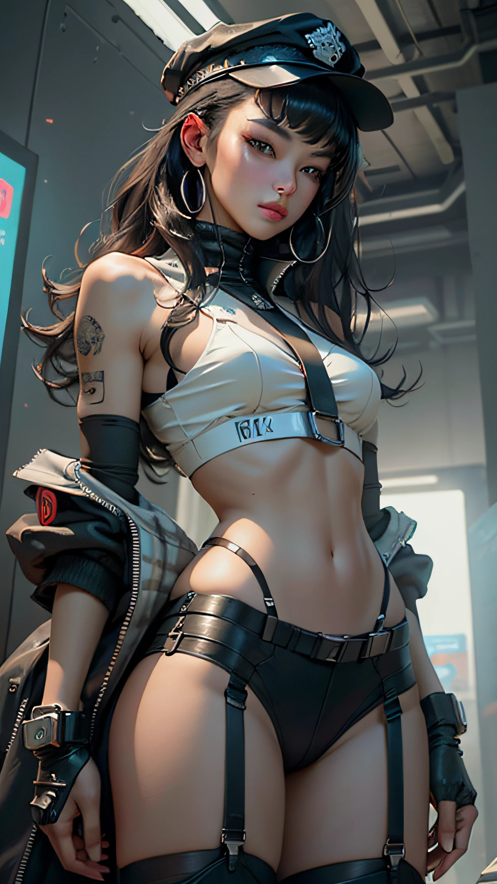 Highest image quality,Outstanding details,超高分辨率,(Fidelity:1.4),The best illustration,Favor the details,Highly cohesive 1girl,He has a delicate and beautiful face,Dressed in a sexy police uniform,Beauty in the hair,wearing hat,Cyberpunk-style police uniform,The background is a high-tech lighting scene in the future city,(Highly detailed body,Highly detailed face,Best quality at best:1.4),Very sexy,looki at viewer,(Black suspender stockings:1.2,Super sexy and good:1.5),(police uniforms:1.5)(tit:1.52)(cyberpunk backgrouns),1080,tmasterpiece,