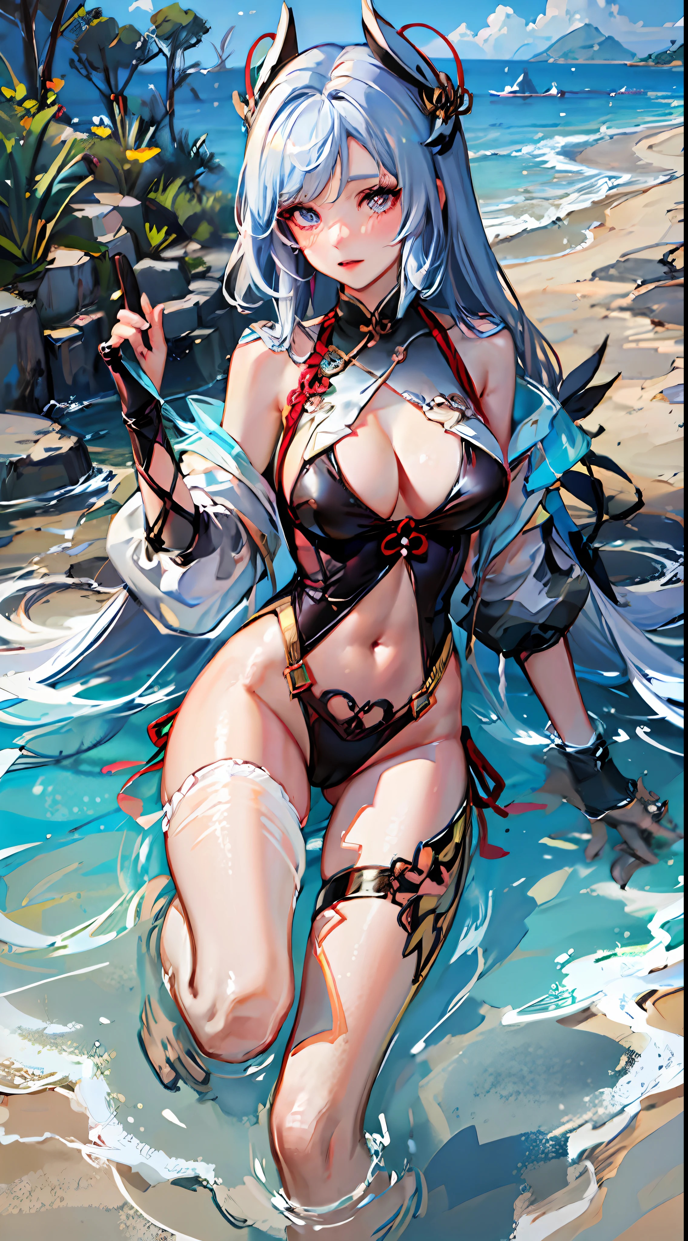 shenhe \(Genshin Impact\) 1girll，animemanga girl，Has light blue hair，Sword in hand, White-haired god, detailed anime art, Detailed anime artwork，Full body entrusted girl blush, Transparent swimsuit，Breasts, Chinese knot, ((Masterpiece)) Swimwear, Sexy swimwear, Seaside, beach, Ocean lift beach resort swimwear straight chest transparent swimsuit legs，High cold face，Royal Sister，Bigchest，Firm chest，see-through transparent clothes，