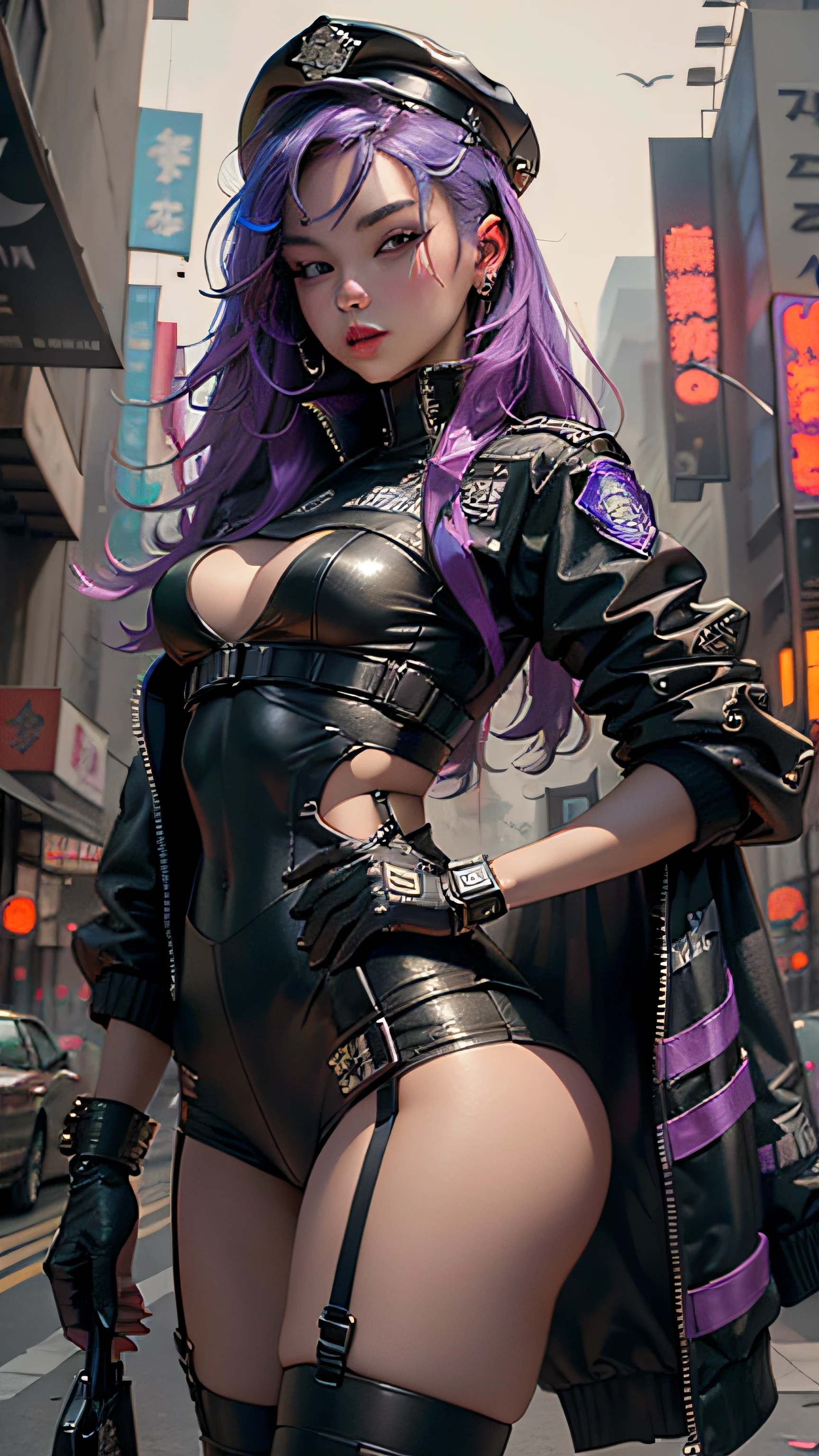 Highest image quality，Outstanding details，超高分辨率，（Fidelity：1.4），The best illustration，Favor the details，Highly cohesive 1girl，He has a delicate and beautiful face，Dressed in a sexy police uniform，Beauty in the hair，wearing hat，Cyberpunk-style police uniform，The background is a high-tech lighting scene in the future city，（Highly detailed body，Highly detailed face，Best quality at best：1.4），Very sexy，looki at viewer，（Black suspender stockings：1.2，Super sexy and good：1.5），（police uniforms：1.5）（tit：1.52）（cyberpunk backgrouns），1080，tmasterpiece，