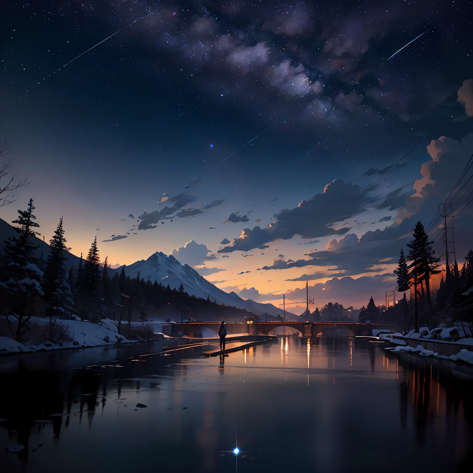High quality masterpiece, landscape, anime train passing through bodies of water on tracks, bright starry sky. Romantic train, pixiv, concept art, lofi art style, reflection. by Makoto Shinkai, lofi art, Beautiful anime scene, Anime landscape, detailed scenery —width 672, in style of Makoto shinkai, style of Makoto shinkai, enhanced details. --auto