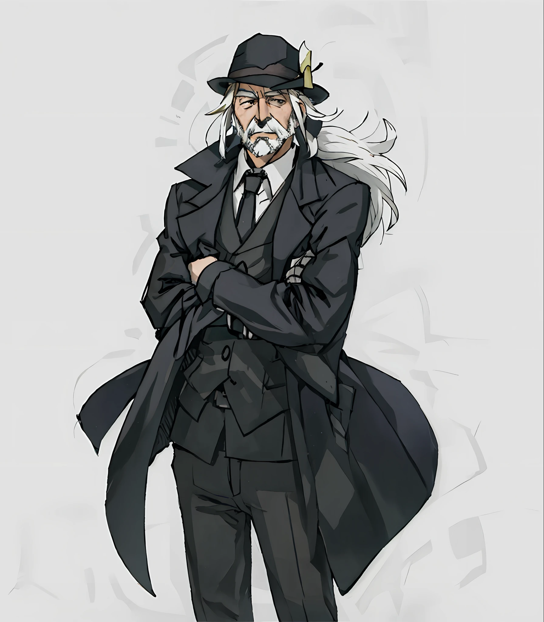 An old man,White hair,White beard,Business suit,Hats