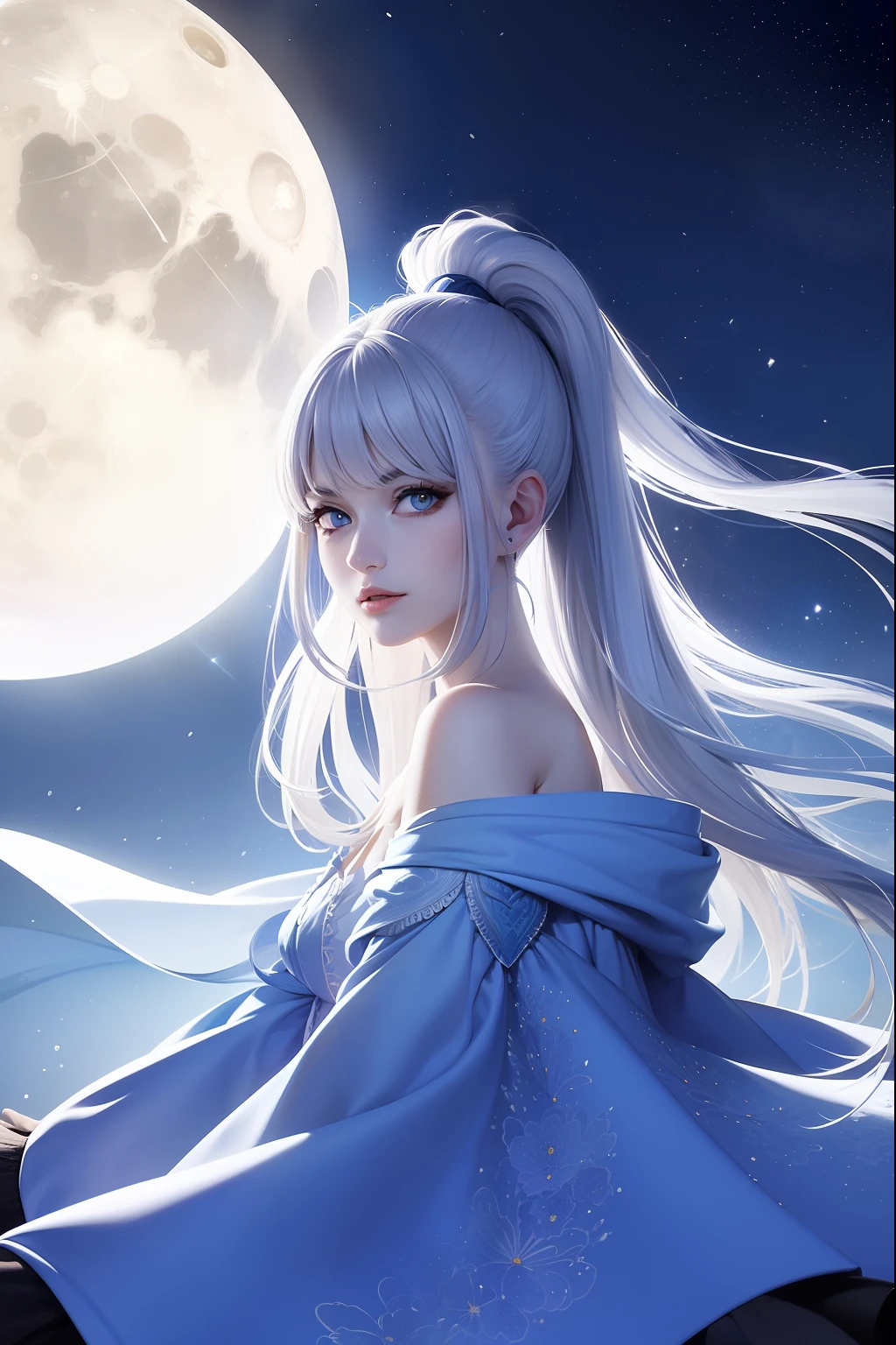 Masterpiece, (Best Quality: 1.2), (Super Fine: 1.2), Illustration, (Extremely Delicate and Beautiful: 1.2), Film Angle, Floating, (Beautiful Detail Eye: 1.1), (Detail Light: 1.1), Film Lights, Delicate Sky, Woman, White Hair, Blue Eyes, (High Ponytail: 1.1), Cloak, Glowing Eyes, (Moon: 1.2), (Moonlight: 1.1), Starry Sky, (Light Particles: 1.1), Fog , snow painting, sketching, blooming