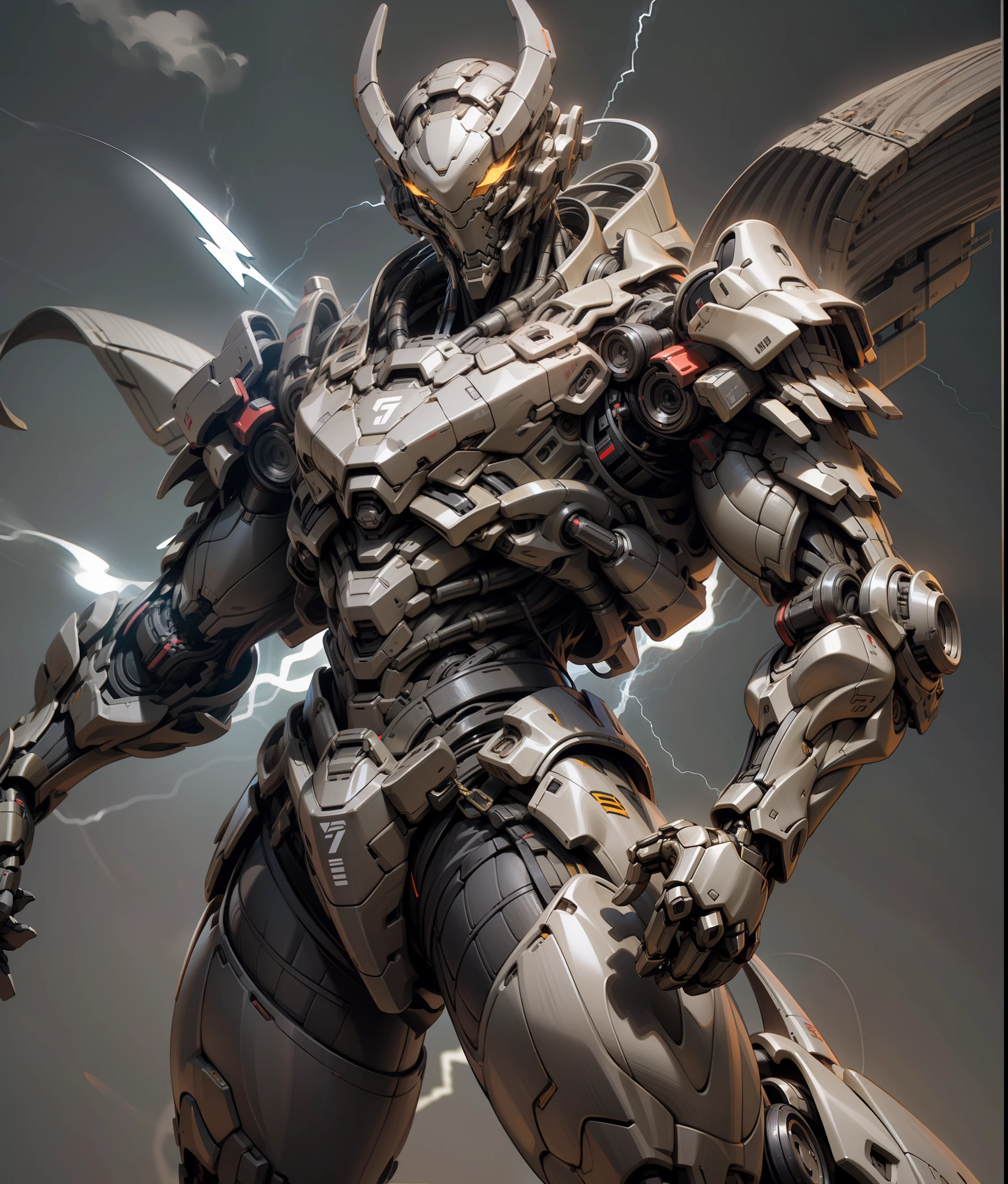 Demon Killer, Super Cool Demon Killer, Wearing Mechanical Armor, Red Lightning, Play Lightning, Super Detail, IP by pop mart, Edge Light, Avatar, Octane Rendering, Blender, Full Body, Clean Black Background, 3D, C4D, Best Quality, Very Detailed, 8K