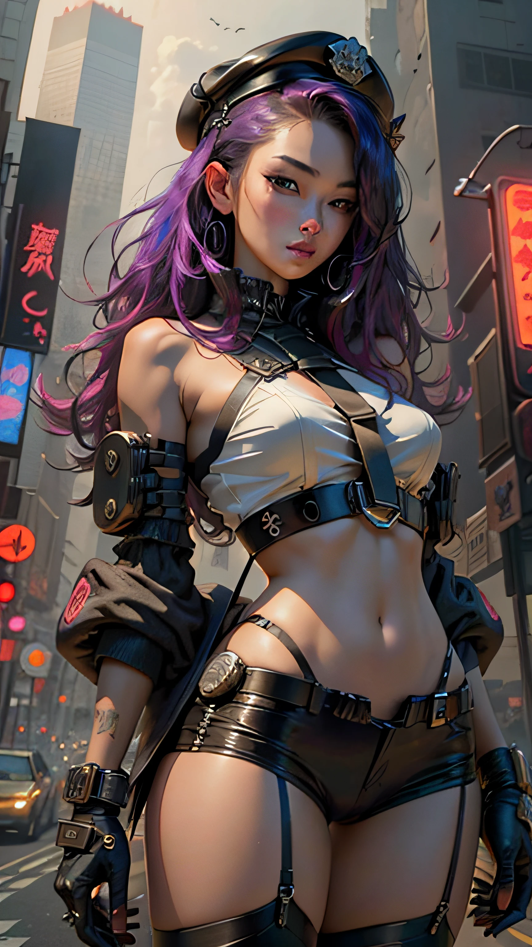 Highest image quality，Outstanding details，超高分辨率，（Fidelity：1.4），The best illustration，Favor the details，Highly cohesive 1girl，He has a delicate and beautiful face，Dressed in a sexy police uniform，Beauty in the hair，wearing hat，Cyberpunk-style police uniform，The background is a high-tech lighting scene in the future city，（Highly detailed body，Highly detailed face，Best quality at best：1.4），Very sexy，looki at viewer，（Black suspender stockings：1.2，Super sexy and good：1.5），（police uniforms：1.5）（tit：1.52）（cyberpunk backgrouns），1080，tmasterpiece，