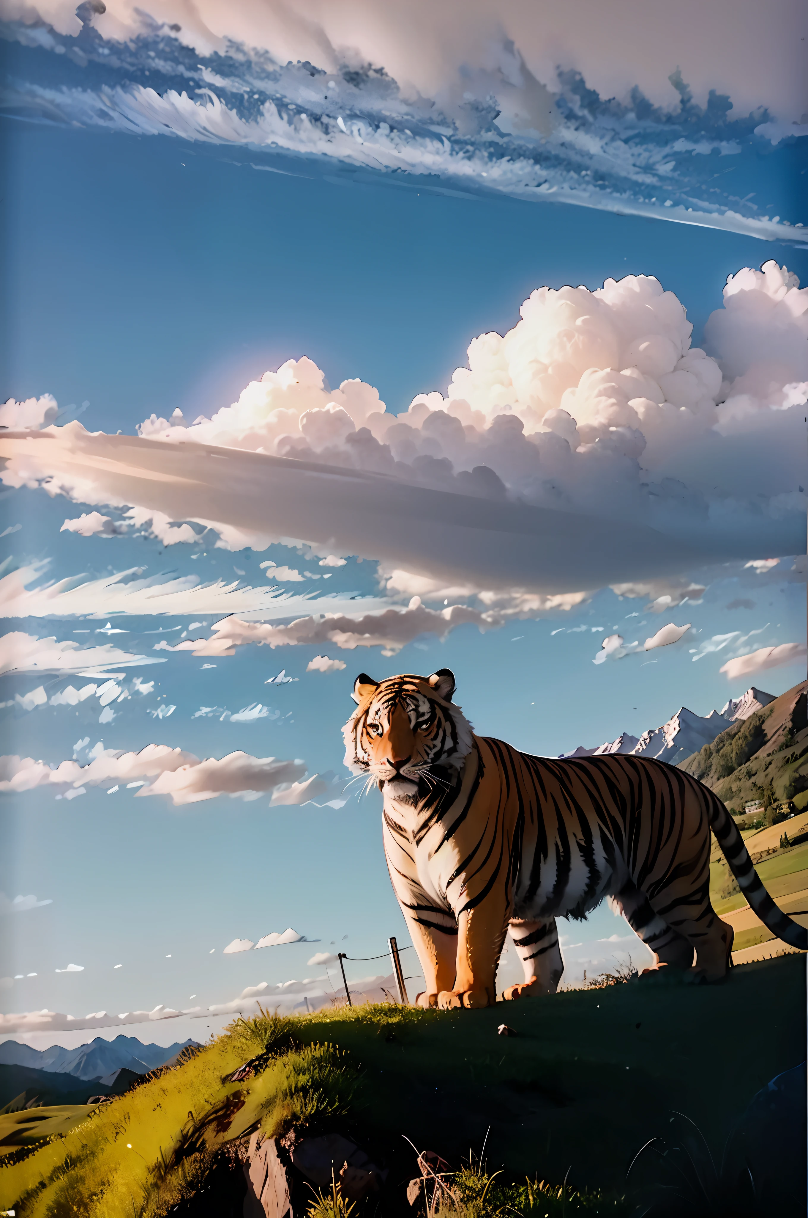 Tiger, Between mountains and forests, Surrounded by green mountains, Wind, with blue sky and white clouds, Close-up, Rough and powerful lines, Full of classical atmosphere