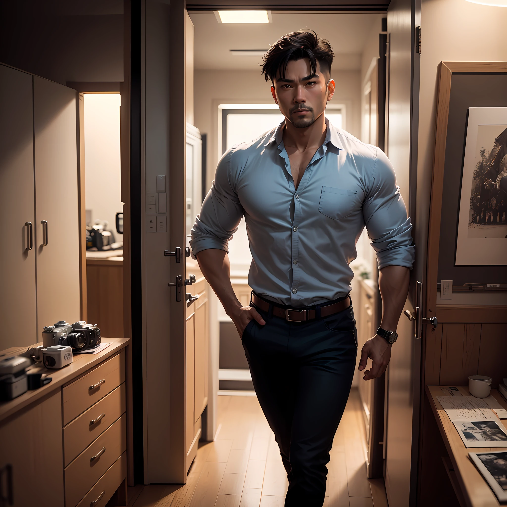 1man, um homem musculoso de (25 anos/asiatic),camisa branca de manga comprida, corpete, soft-lighting, obra-prima, melhor qualidade, 8k ultra HD, DSLR camera, grain of film, Midjourney e arte de pintura realista Fujifilm XT3 de greg rutkowski --auto