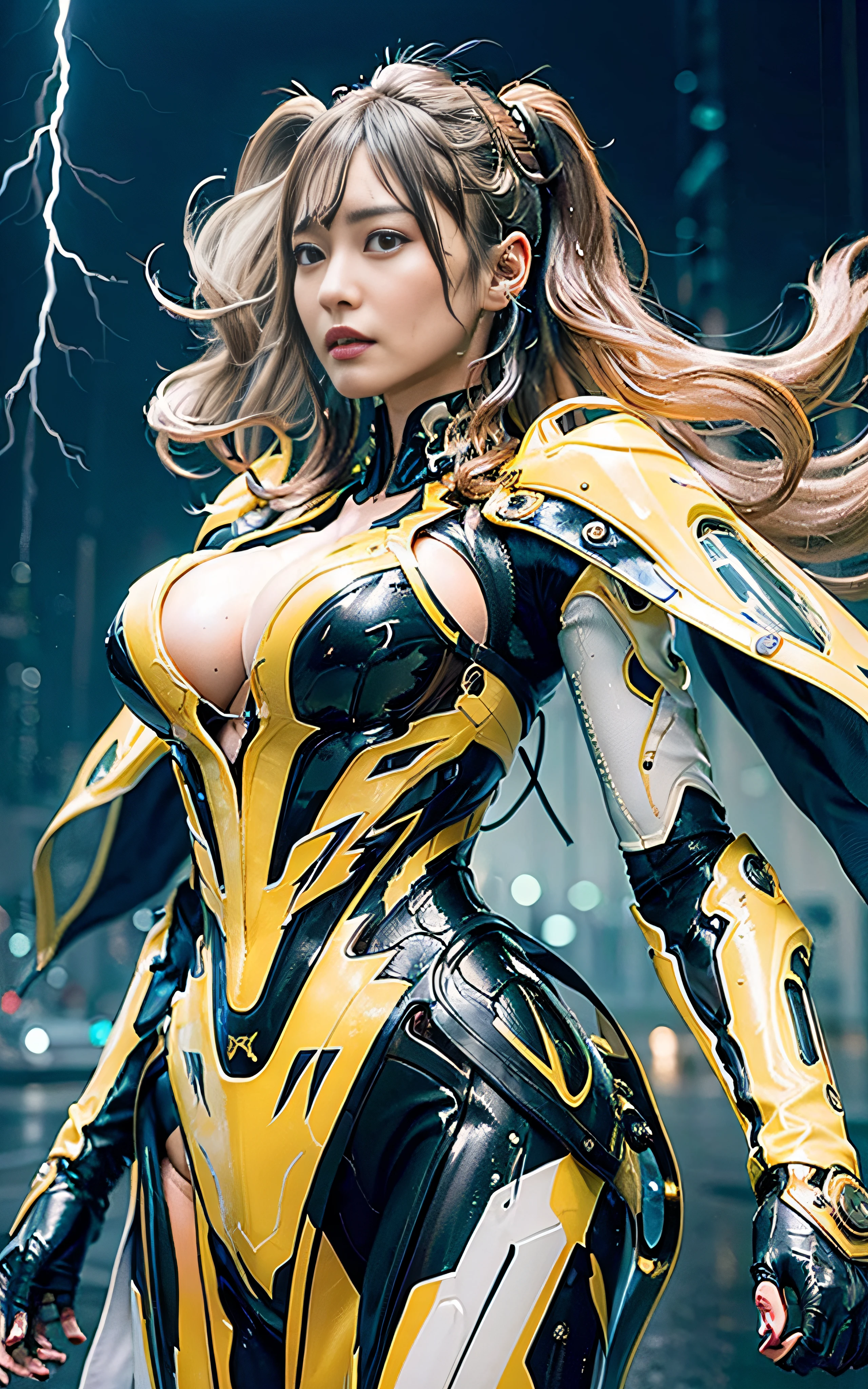 masterpiece, top-quality, hightquality, (the future:1.1), (Yellow cyberpunk suit), movie lights, (exquisite future), Beautiful and beautiful, ultra-detailliert, amazing composition, floating, depth of fields, (extremely details CG,Unity 8k壁纸), (beautiful detail background), beautiful hair details, dramatic lights, gogetta, mechs,Best Quality,超A high resolution,photoRealstic,tits out,cleavage of the breast,(Hair that flutters in the wind),((Angle from below)),(Angry look),(Fashion poses),((thunder)),(struck by heavy rain),(wetting hair),Wet
