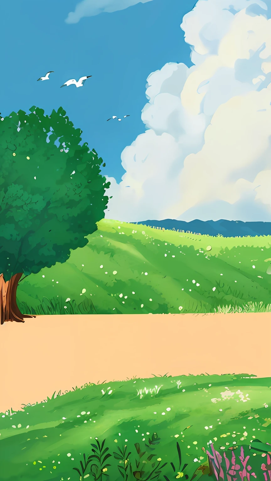 There is a cartoon picture of a tree in the field, anime countryside landscape, background artwork, arte de fundo, distant village background, Anime landscape, Anime background art, Landscape background, Detailed scenery —width 672, field background, landscape artwork, anime backgrounds, sunny landscape, scenery background, Anime landscapes, Park background, Landscape illustration, random background scene --auto
