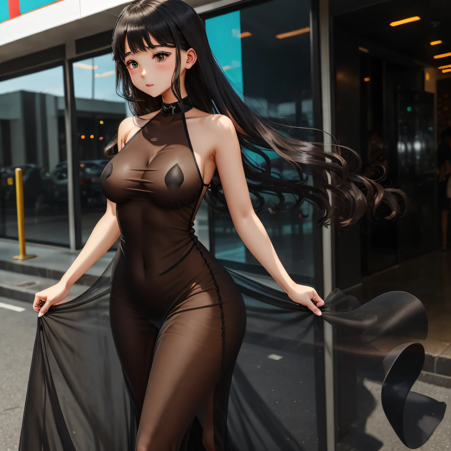 A 14-year-old cartoon girl,Good temperament,Black transparent slip maxi dress,Prominent shaky breast --auto