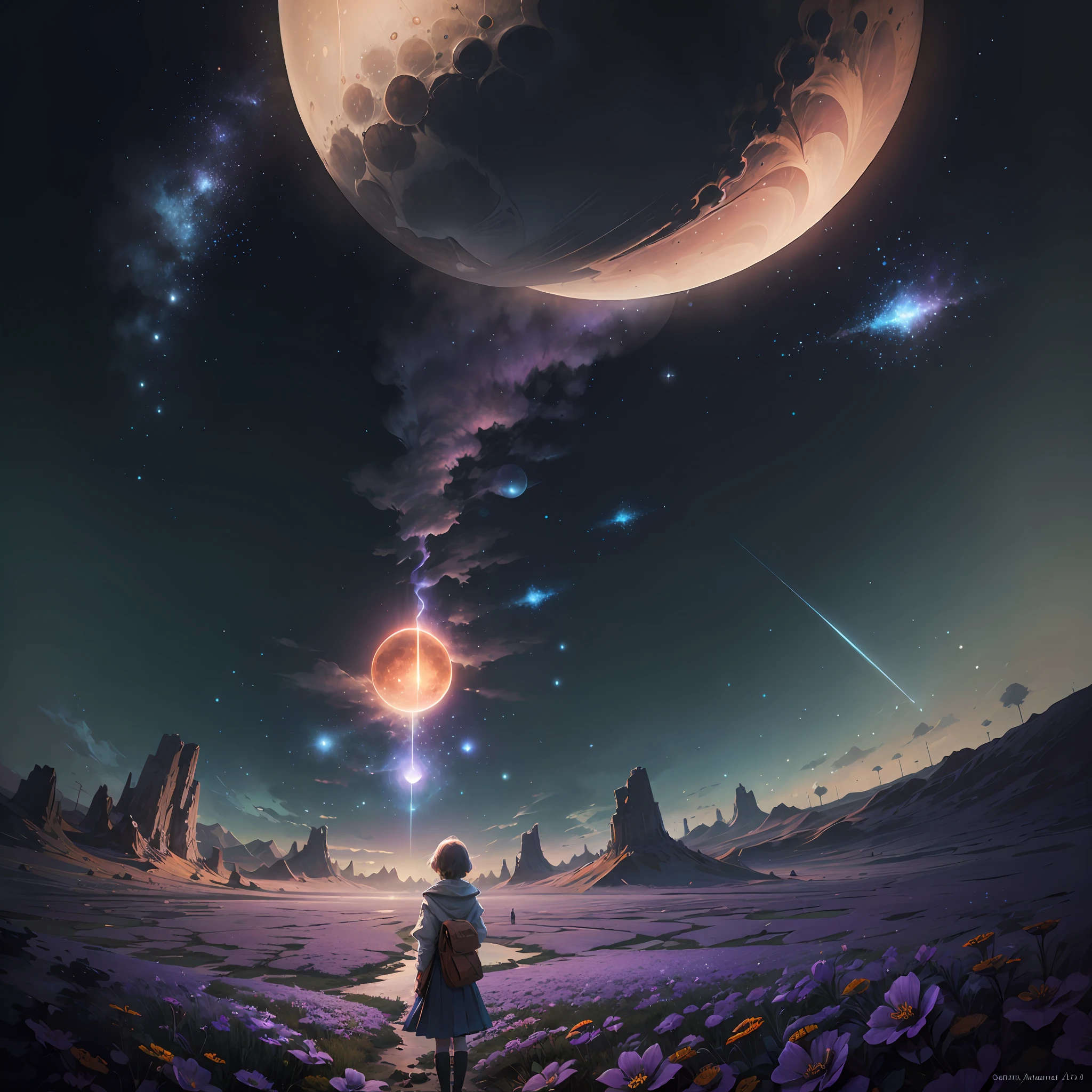 Expansive landscape photograph,(look from down,Above is the sky,Below is a sea of violet flowers),A girl standing on a flower field looking up,(moon full:1.2),(meteors:0.9),(Starcloud:1.3),Far Mountain, Tree BREAK making art,(Warm light source:1.2),(glowworm:1.2),lamp lights,Lots of purple and orange,Complicated details,Volumetric lighting BREAK(tmasterpiece:1.2),(best qualtiy),4k,ultra - detailed,(dynamic compositions:1.4),detail-rich,plethora of colors,(Irridescent color:1.2),(with light glowing,Atmospheric lighting),dream magical,magical,(独奏:1.2) --auto