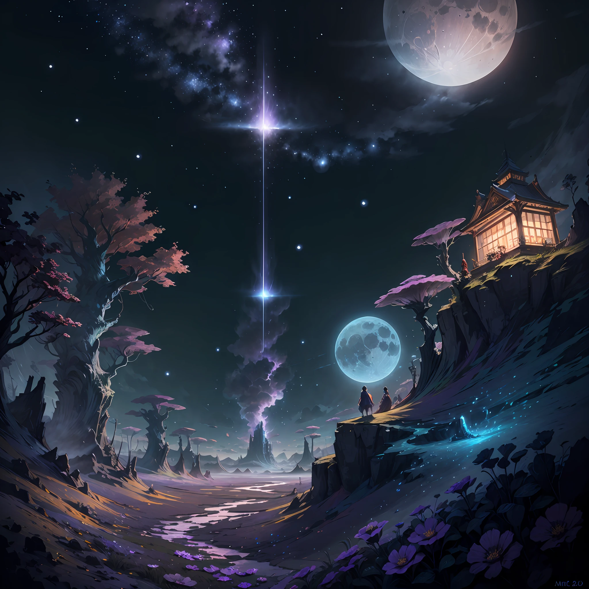 Expansive landscape photograph,(look from down,Above is the sky,Below is a sea of violet flowers),A girl standing on a flower field looking up,(moon full:1.2),(meteors:0.9),(Starcloud:1.3),Far Mountain, Tree BREAK making art,(Warm light source:1.2),(glowworm:1.2),lamp lights,Lots of purple and orange,Complicated details,Volumetric lighting BREAK(tmasterpiece:1.2),(best qualtiy),4k,ultra - detailed,(dynamic compositions:1.4),detail-rich,plethora of colors,(Irridescent color:1.2),(with light glowing,Atmospheric lighting),dream magical,magical,(独奏:1.2) --auto