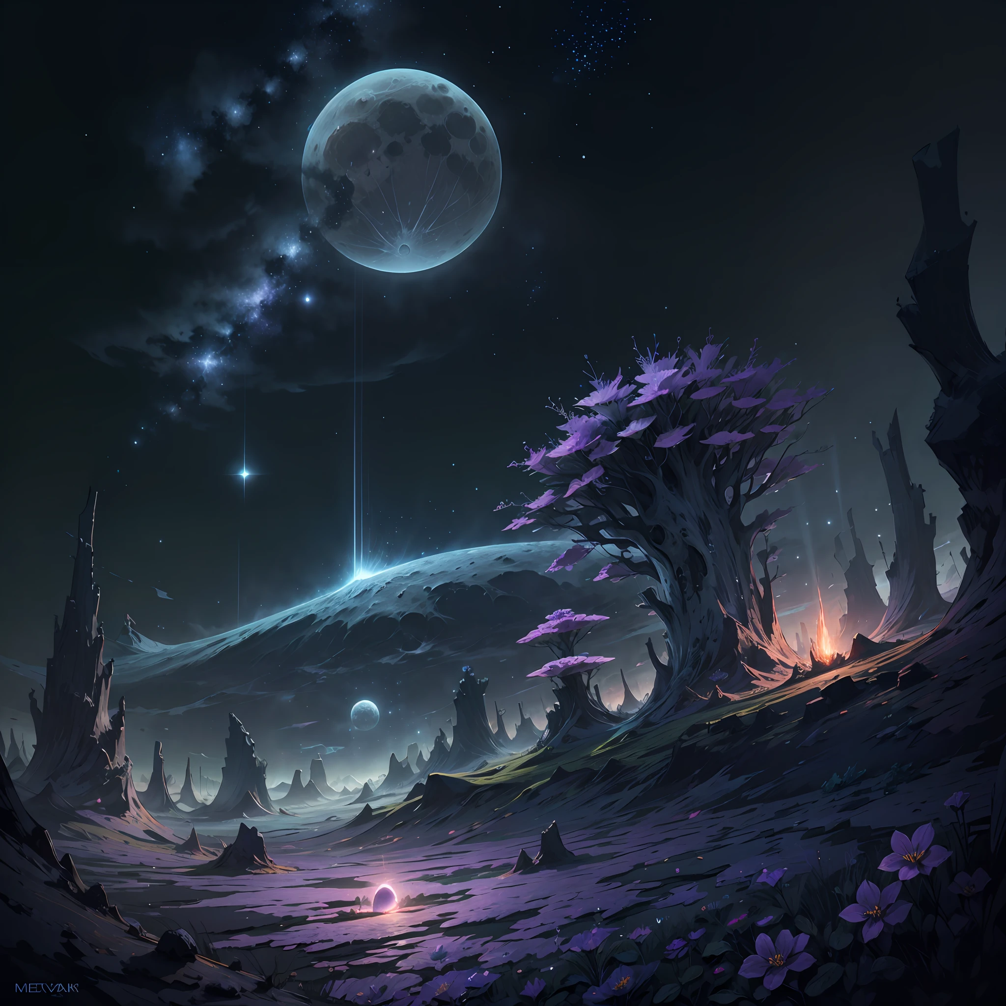 Expansive landscape photograph,(look from down,Above is the sky,Below is a sea of violet flowers),A girl standing on a flower field looking up,(moon full:1.2),(meteors:0.9),(Starcloud:1.3),Far Mountain, Tree BREAK making art,(Warm light source:1.2),(glowworm:1.2),lamp lights,Lots of purple and orange,Complicated details,Volumetric lighting BREAK(tmasterpiece:1.2),(best qualtiy),4k,ultra - detailed,(dynamic compositions:1.4),detail-rich,plethora of colors,(Irridescent color:1.2),(with light glowing,Atmospheric lighting),dream magical,magical,(独奏:1.2) --auto