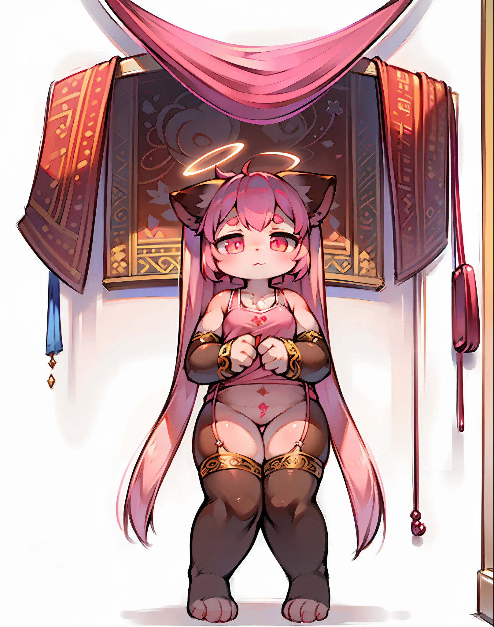 (((Beautifully ornate standing paintings))), Best image quality, hyper-high detail, Gorgeous, cute and full of childlike fun. The pink and tender little appeared!She has a bust A, Short pink hair ends iridescent, dual horsetail。Tender pink complexion, A pink glow on her head adorned her, There is a pink pen-like halo at the corner of the eye,Pink pupils and crimson iris give her an incomparable selling index。She wears a pink sleeveless shirt、Pink slip dress,Pink lace fat,Pink pantyhose, There are also cute red cat's paw prints on the feet,Full body photo