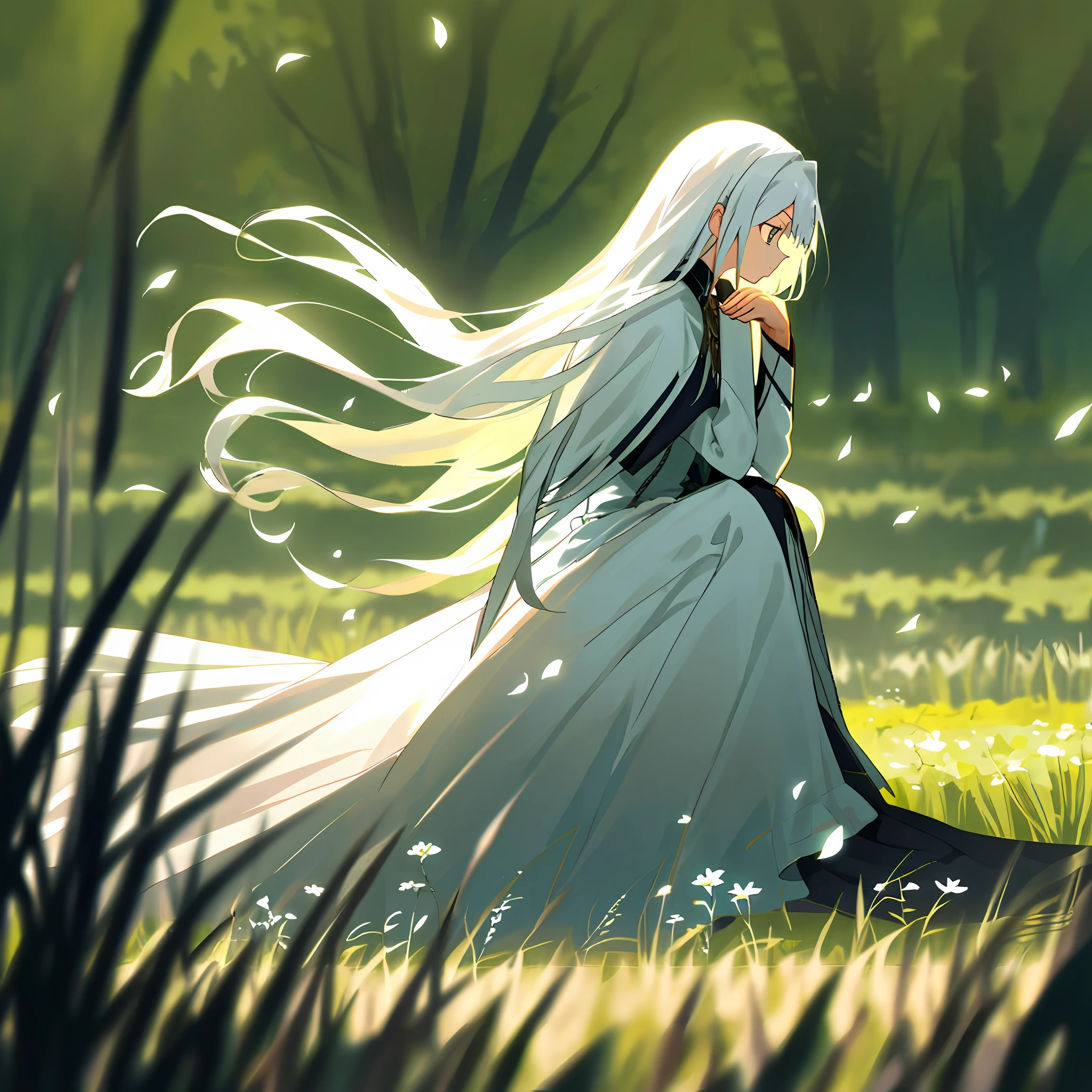 (tmasterpiece,best qualtiy),1 girl with long white hair sitting in a field of greenery and flowers,her hand under her chin,warmly lit,white dresses,Blurred foreground,seen from the side