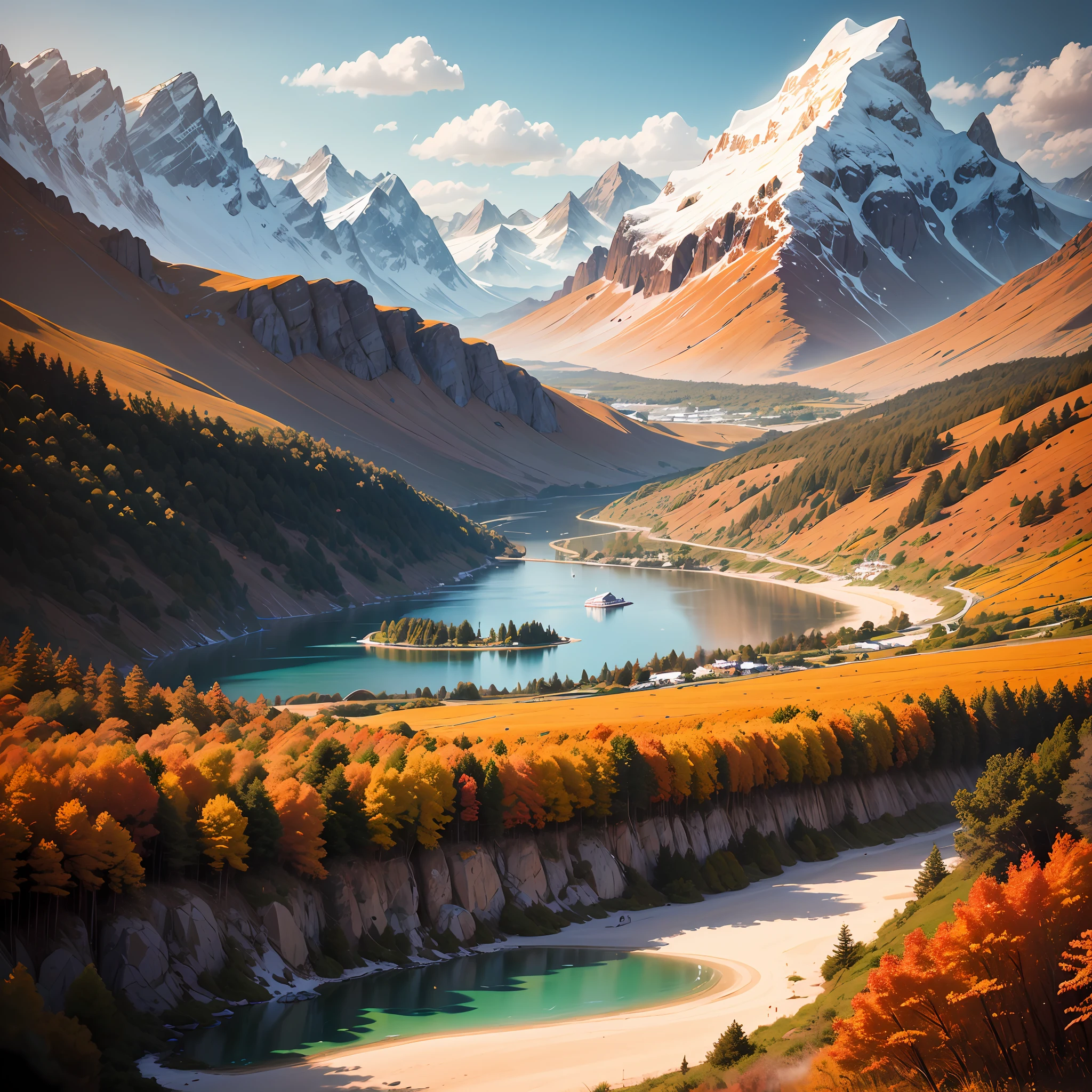 Colorful sunset、Verdant meadows、Tranquil lake、old bridge、Rolling mountains、Glittering starry sky、Blue sea on the beach、Elegant garden、Soft clouds、Flowing streams、Small village in the distance、Glaciers on snowy mountains、Romantic island、Orange autumn leaves、Flowers in full bloom in spring、Sunny beach in summer、Harvest fields in autumn、Snowy forest in winter/ --auto