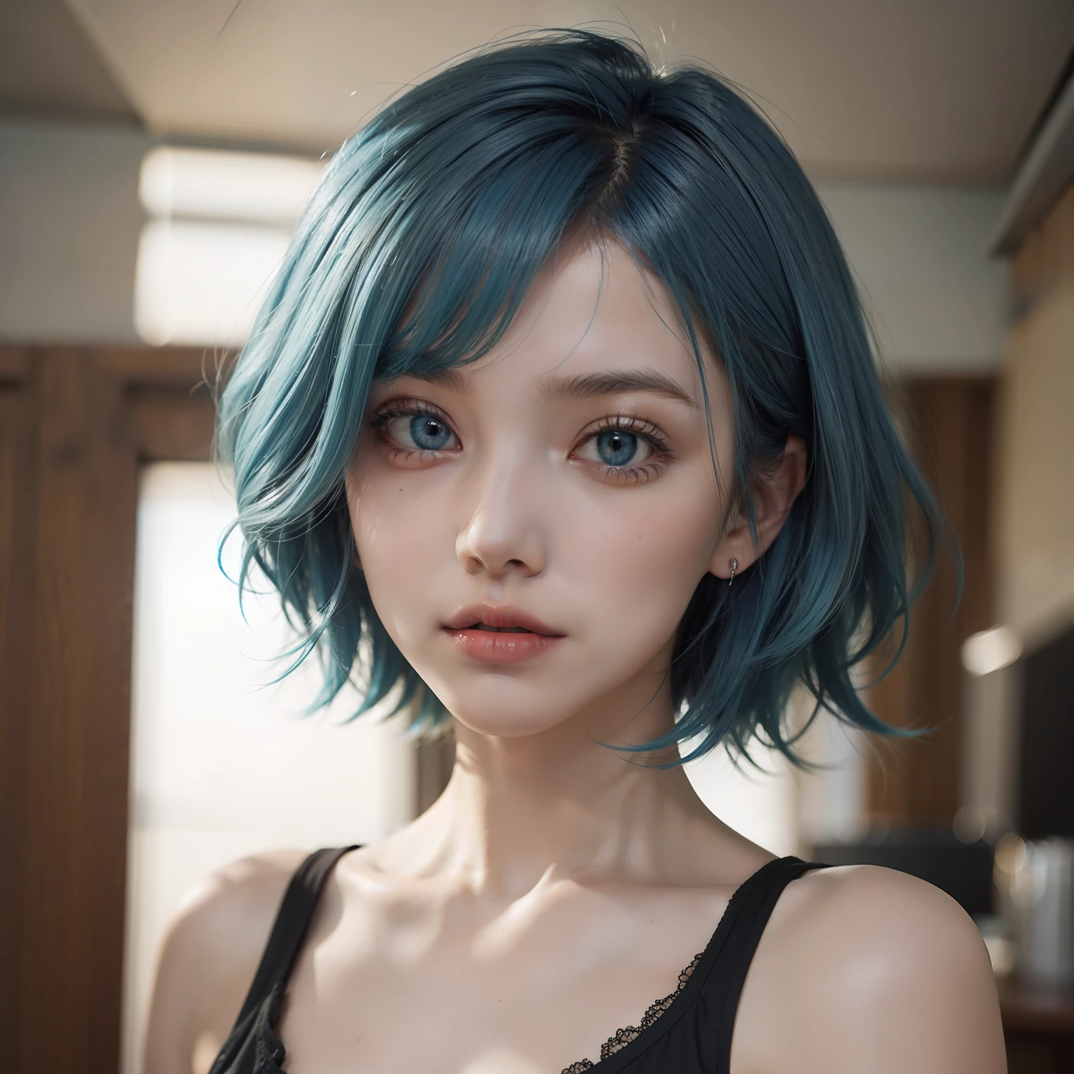 light blue hair, colored inner hair, short hair, orange eyes, first-person view, masterpiece