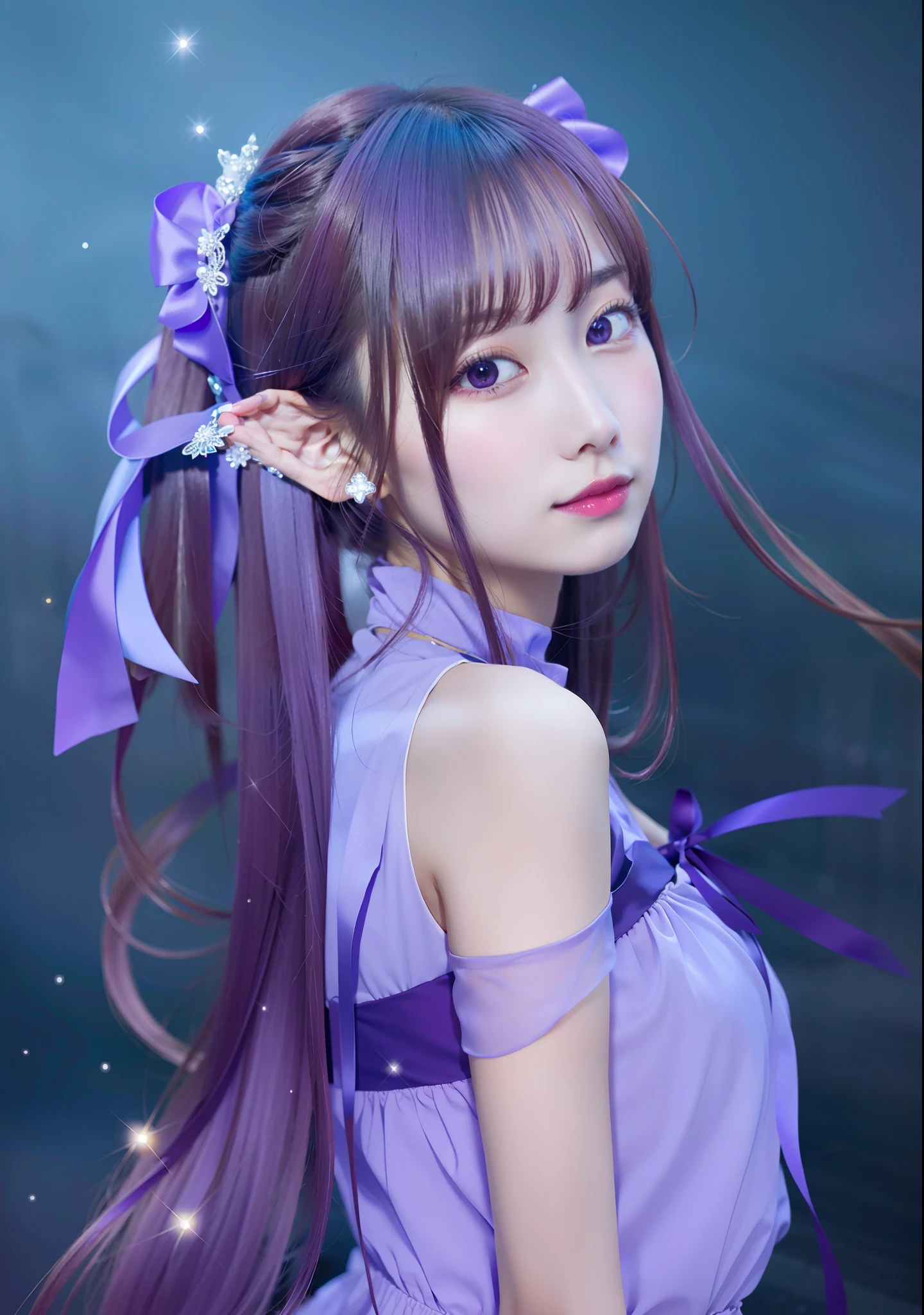 anime girl with long purple hair and purple dress with purple bow, guweiz, made with anime painter studio, smooth anime cg art, asuna yuuki, anime visual of a cute girl, anime style like fate/stay night, cute anime waifu in a nice dress, asuna from sao, anime girl with long hair, painted in anime painter studio, 1girl, realistic, ultra detail, photography, elf,