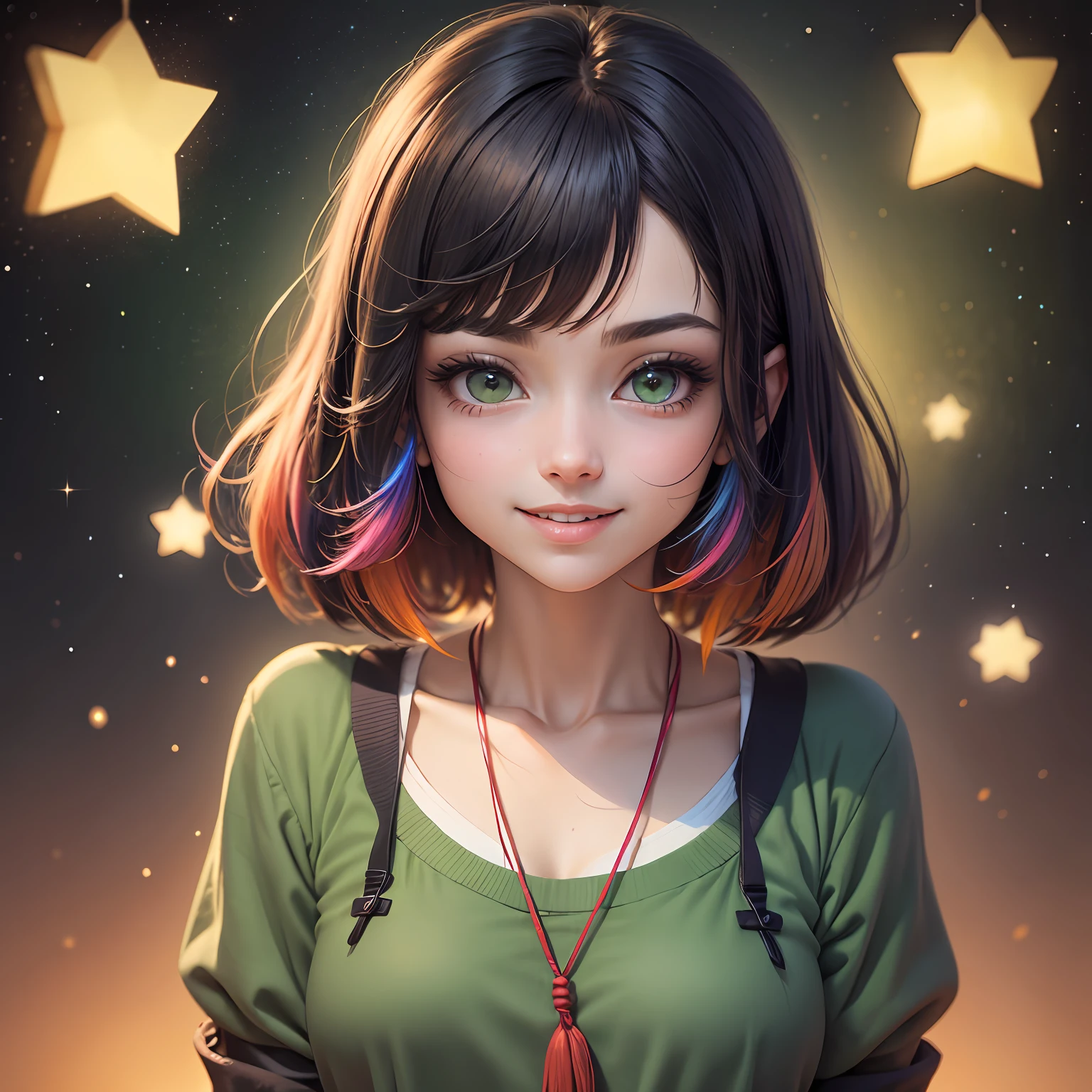 menina cabelo castanho olhos verdes sozinha sentada numa poltrona a pensar, estrelas multi-coloridas sorriso anime kawaci --seed 4222566549