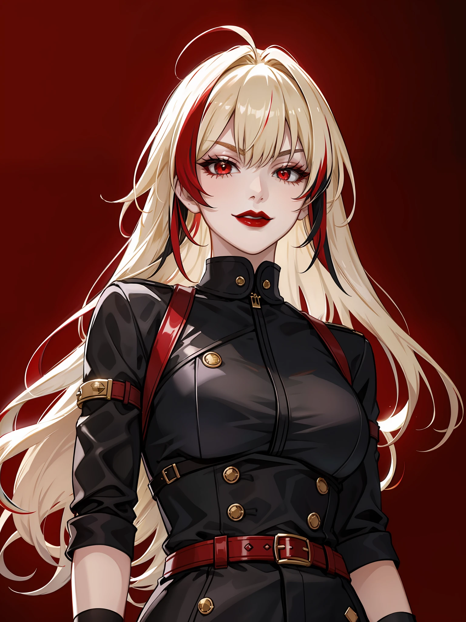 1girl, blonde hair, solo, long hair, red eyes, gloves, multicolored hair, looking at viewer, black gloves, red hair, red background, streaked hair, red lips, upper body, bangs,red theme,bad-girl, large breasts,shiny skin,(mature female),standing, from below, devious, smirk, seductive