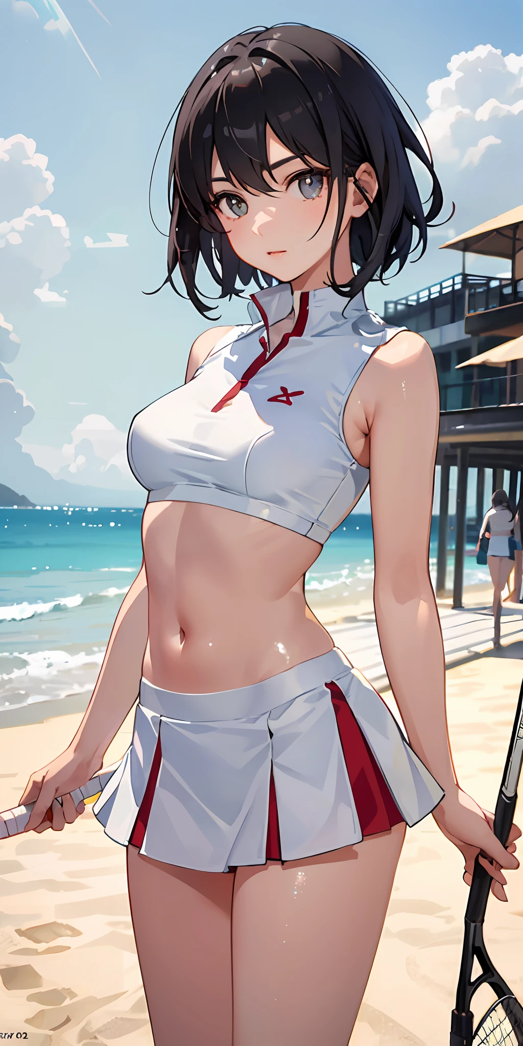 1girl, 独奏, White polo shirt, White sneakers, tennis wear, white mini-skirt, tmasterpiece, Best quality at best, realisticlying, ultra - detailed, (shiny skins, perspired:1.4), absurderes, looking at viewert, with short black hair, with brown eye,slenderness,Dynamic light and shadow,A high resolution,Sharp focus,depth of fields,The eyes are delicate,Sharp pupils,pupil realistic,(smallunderboob:2.0），(Thigh thick:1.0),exteriors,Skysky，beachside，evening light
