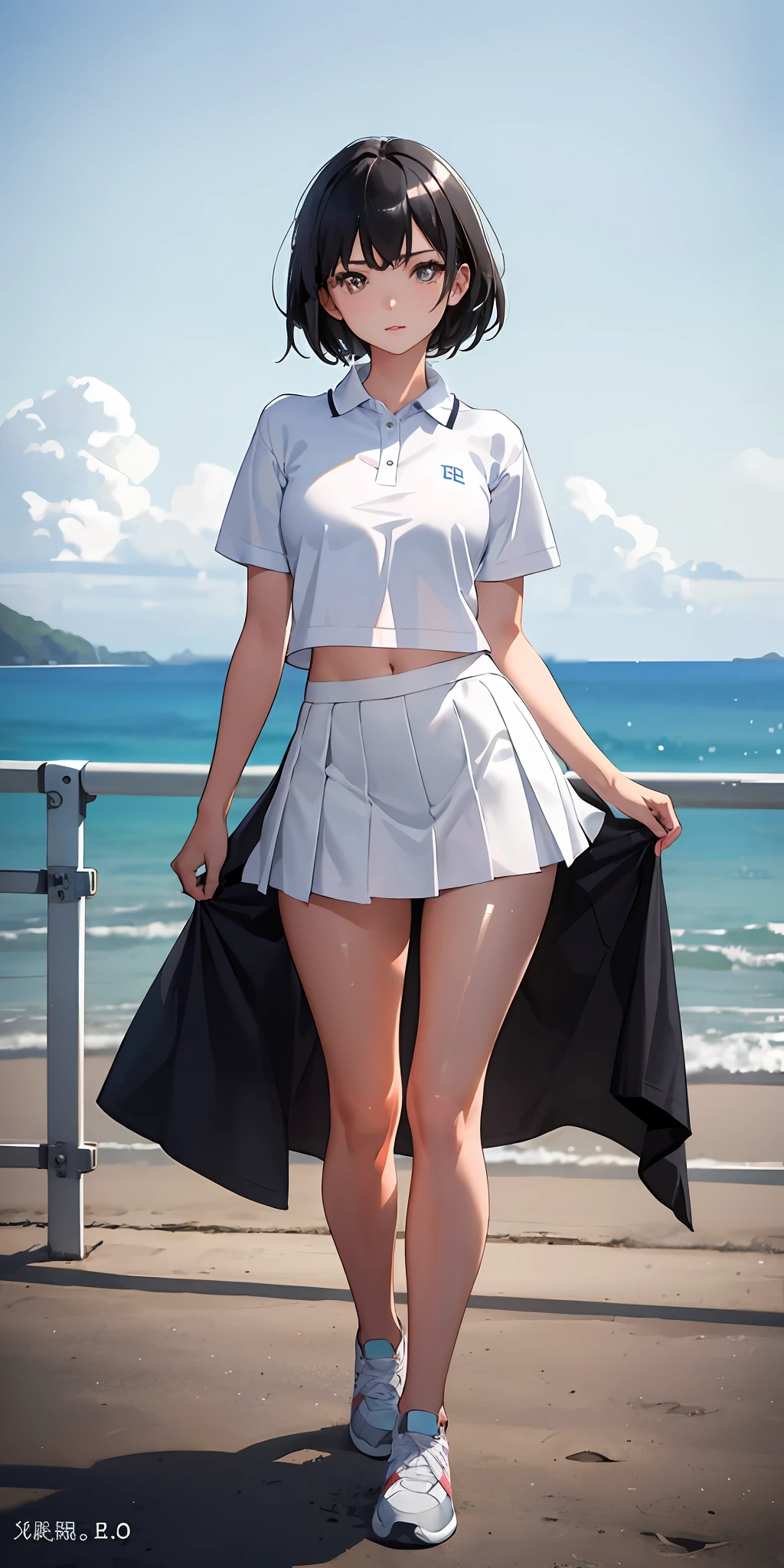 1girl, 独奏, White polo shirt, White sneakers, tennis wear, white mini-skirt, tmasterpiece, Best quality at best, realisticlying, ultra - detailed, (shiny skins, perspired:1.4), absurderes, looking at viewert, with short black hair, with brown eye,slenderness,Dynamic light and shadow,A high resolution,Sharp focus,depth of fields,The eyes are delicate,Sharp pupils,pupil realistic,(smallunderboob:2.0),(Thigh thick:1.0),exteriors,Skysky,beachside,evening light