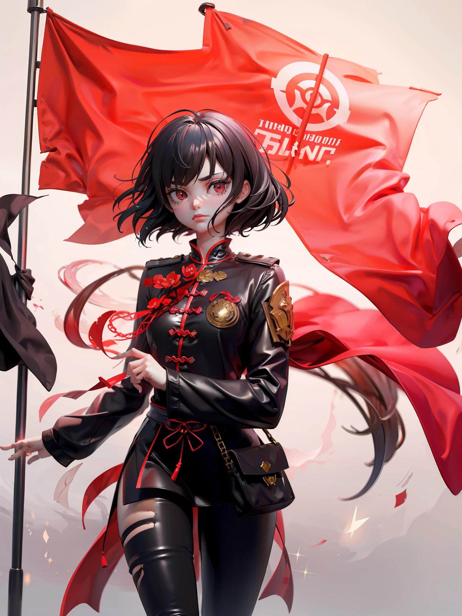 (masterpiece),The picture quality is the best,The is very detailed,army suit,A young lady,black color hair,Red eyes sparkle,Holding a red flag,The sky is dark and gloomy,A tense and hopeful scene of the Chinese revolution。