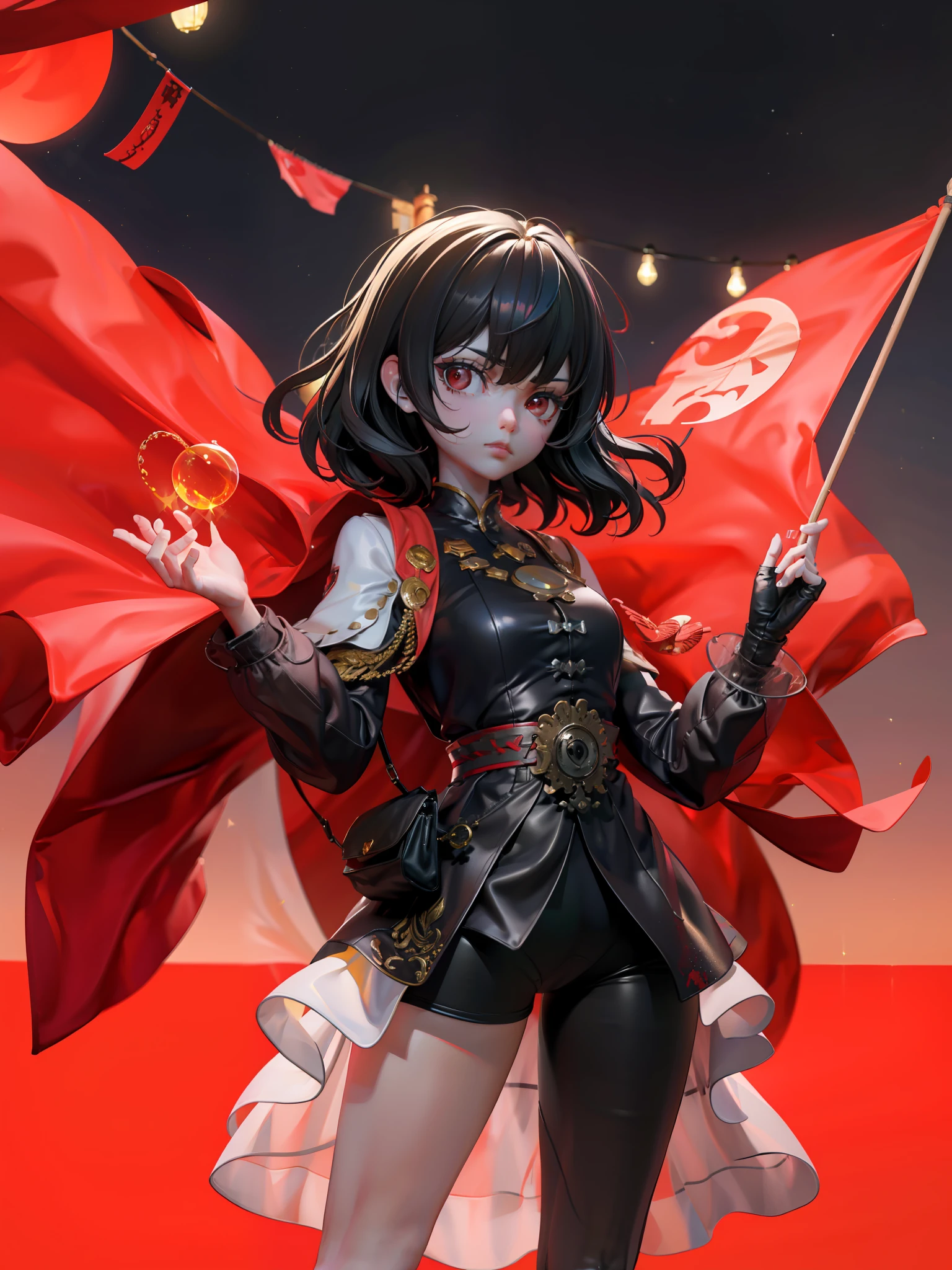 (masterpiece),The picture quality is the best,The is very detailed,army suit,A young lady,black color hair,Red eyes sparkle,Holding a red flag,The sky is dark and gloomy,A tense and hopeful scene of the Chinese revolution。