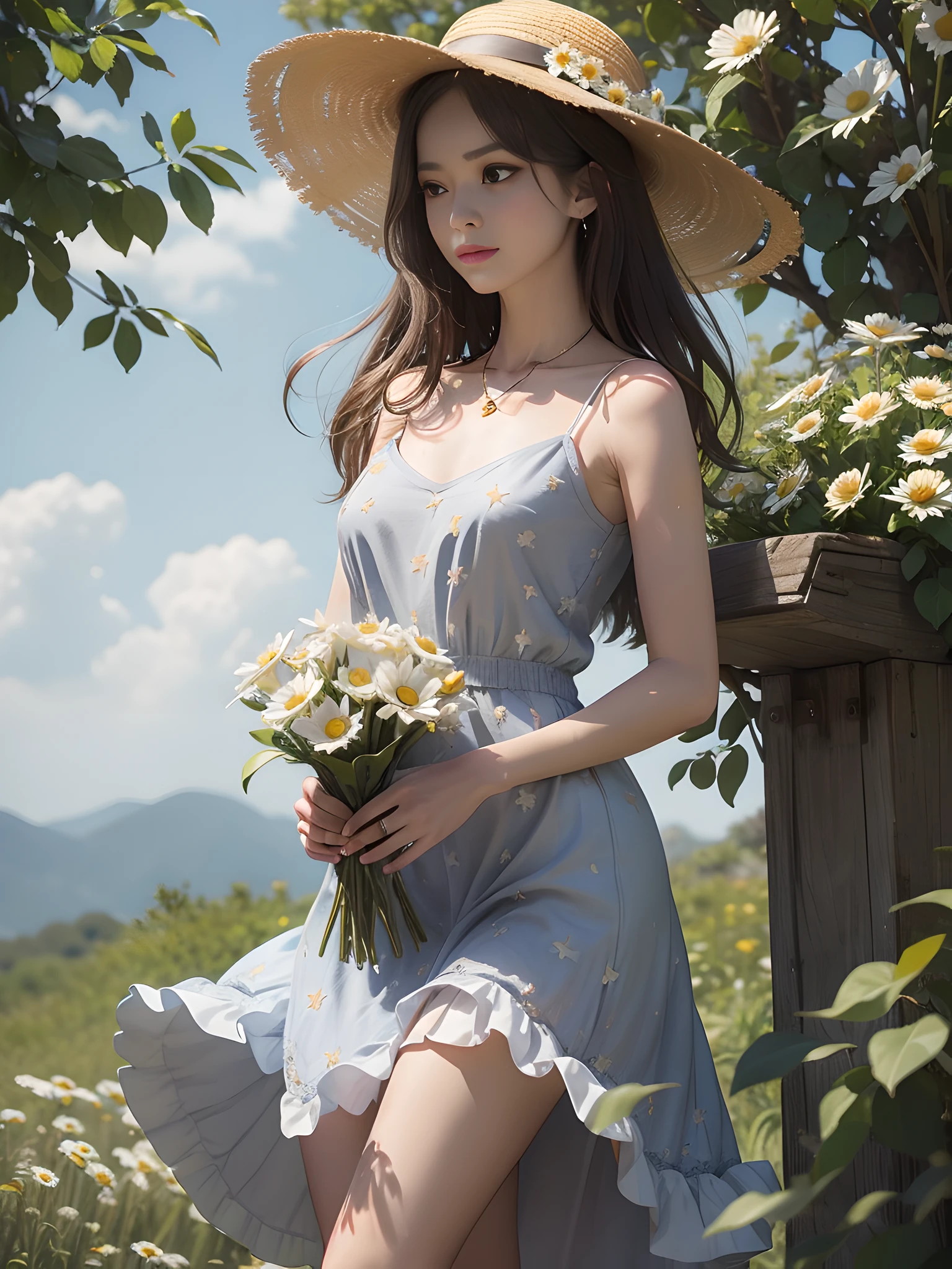 (collarbone:1.331), (camisole:1.21), a woman in a floral dress and straw hat standing on a tree brancha ,woman in a gray dress holding a bouquet of daisies, a stock photo by Oleg Oprisco, pinterest, art photography, made of flowers, soft light, enchanting, intimate but not tight, cuffs decorated with light gold lines, People can't help but think of the stars twinkling in the starry sky, wearing a necklace made of sapphire and gold, inlaid with a small crystal ball, floating in the ball some shining little stars, calling lightning, fireball,