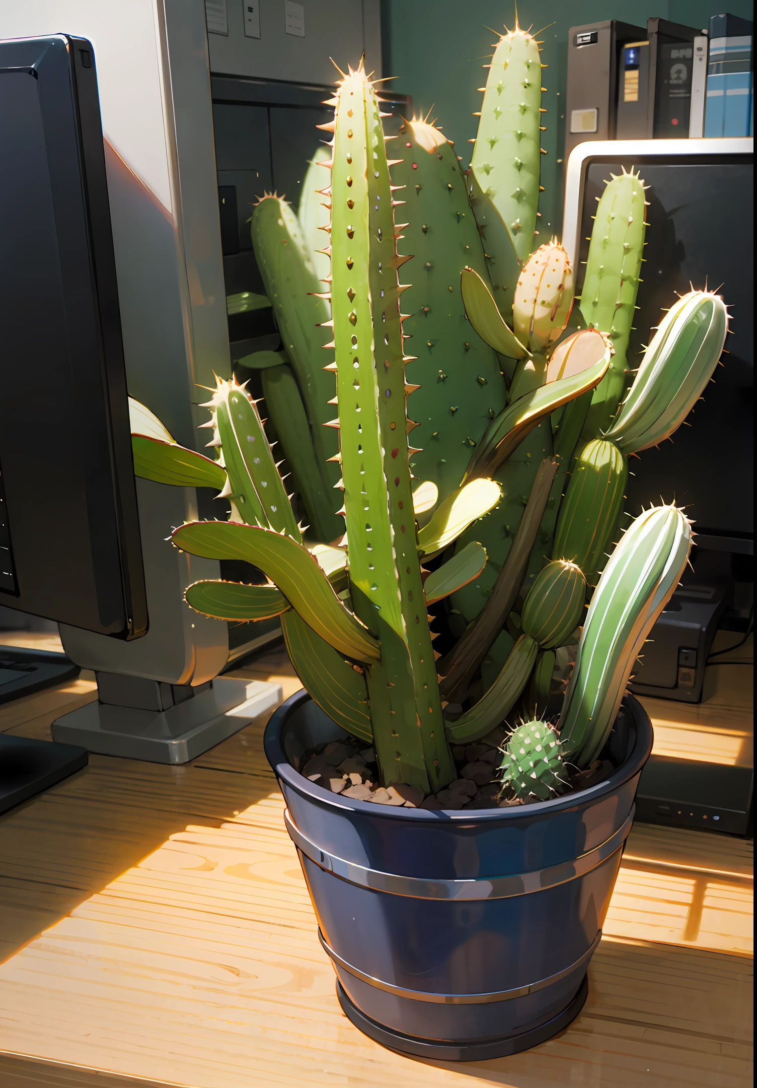 A pot of cactus in front of the computer
