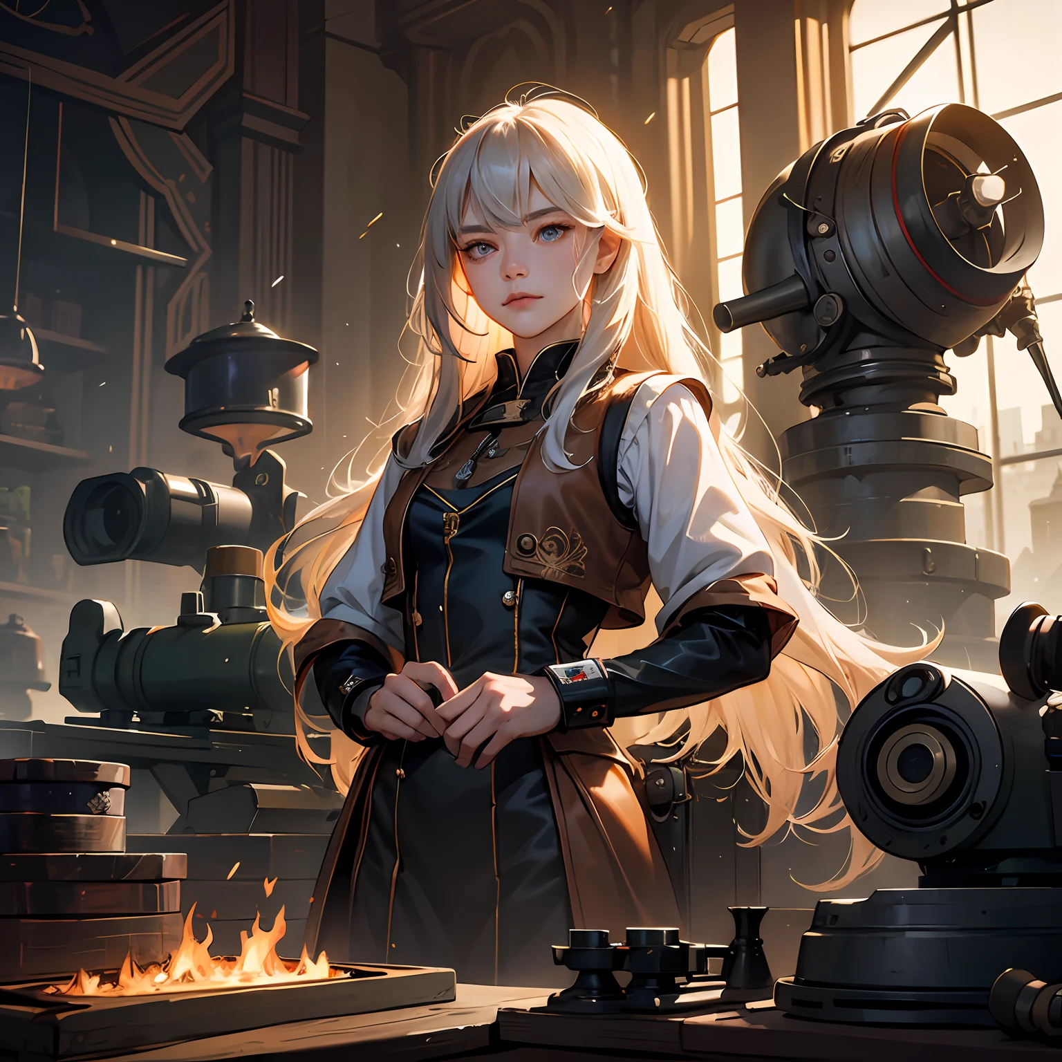 hoang lap,A high resolution,ultra - detailed), 1womanl, a matural female, Old age, wavy and long hair, Split color hair, Heterochromatic, By bangs, longer sleeves, Fine eyes and detailed face, the Extremely Detailed CG Unity 8K Wallpapers, intricately details, (Style - country magic:0.8), (medieval cyborg:0.8), sportrait, (Blood wounds:0.7), looking at viewert, 独奏, Half shot, detailedbackground, (steampunk theme:1.1) A determined expression, Dark Kud Technologists, floating lights, Colorful leather vest with gears, Technical clothing, jetpacks, Workshop in the background, makina, gear wheel, steamy, industries, technologies, stove, dirt, anvil, macarons, levers, automaton, electricity, EDM Epic atmosphere,, sportrait --auto